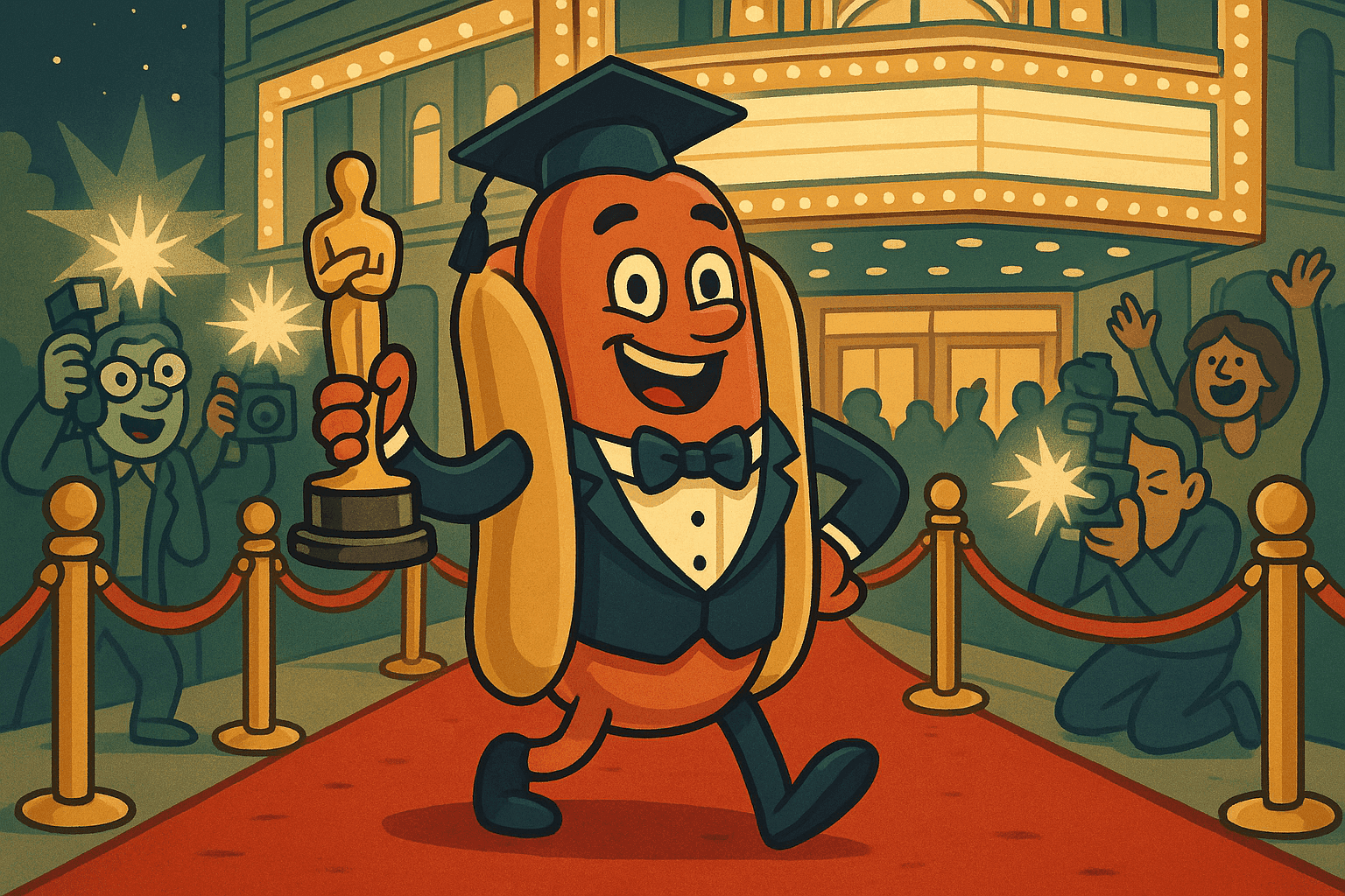 A cartoon hot dog wearing a tuxedo holding a golden Oscar statue on a red carpet, with movie theater lights and cameras flashing, creating the Oscar wiener visual pun