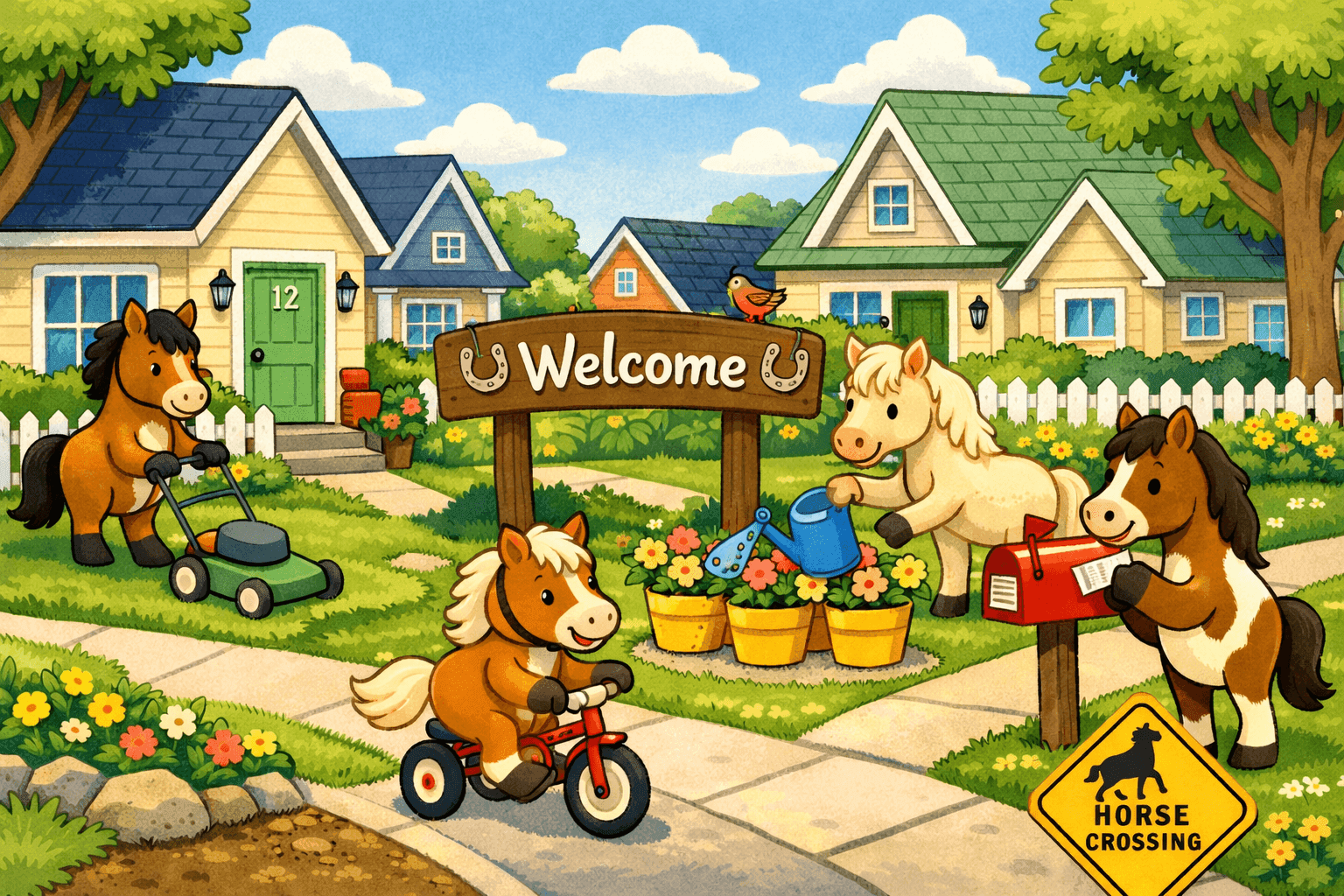 Cartoon horses living in a suburban neighborhood with houses