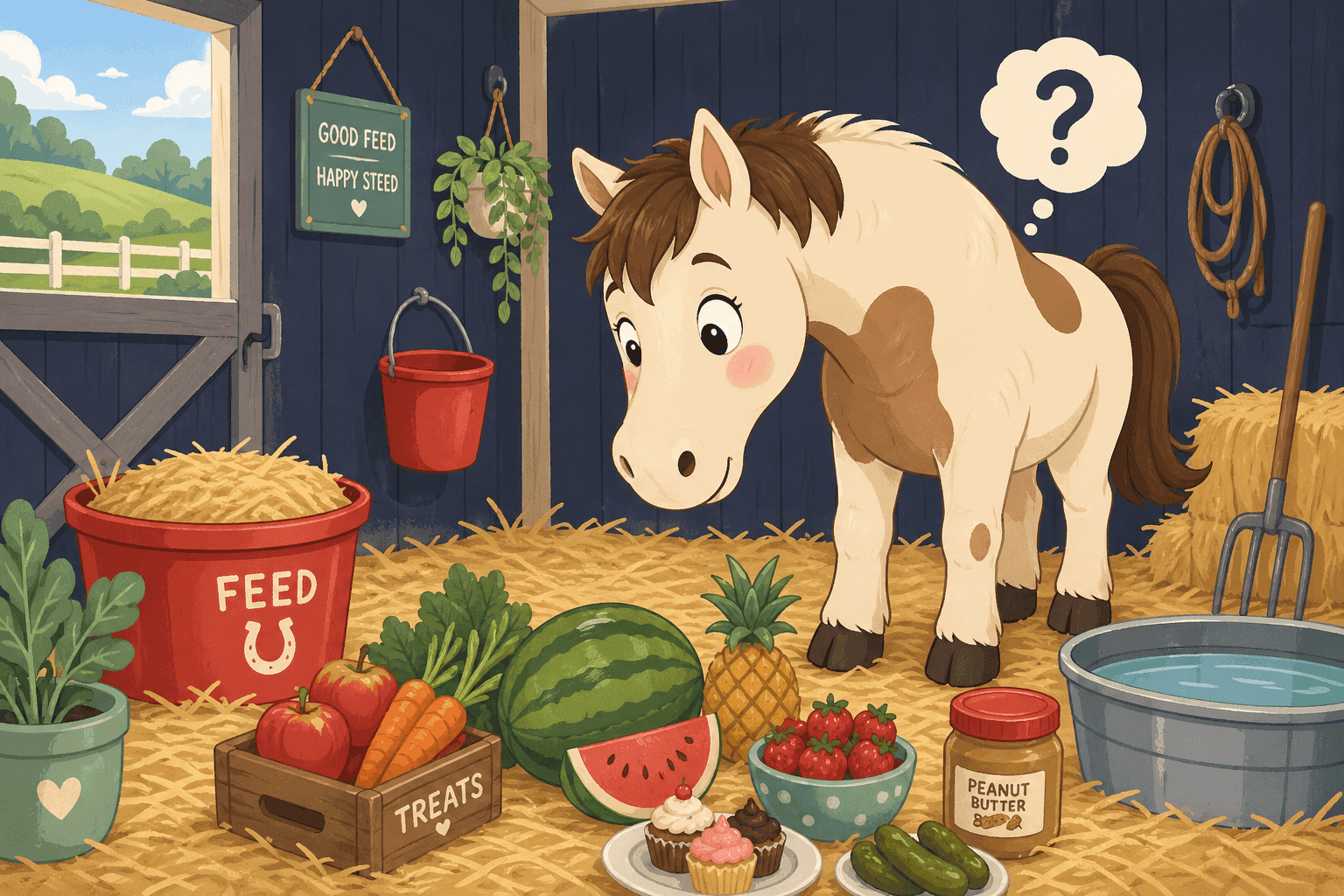 A cartoon horse in a barn with food nearby