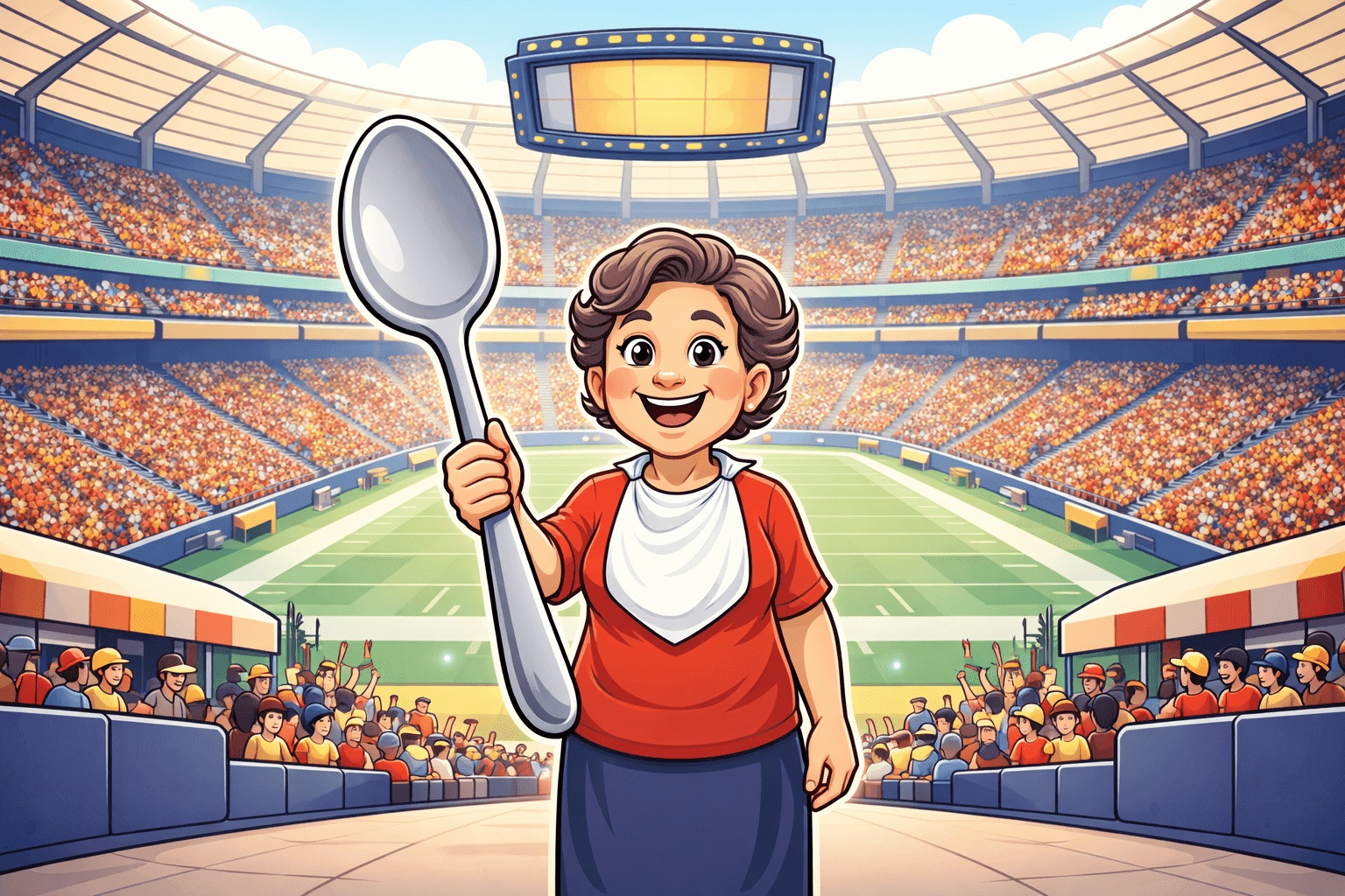 A cartoon person at a massive stadium holding eating utensils