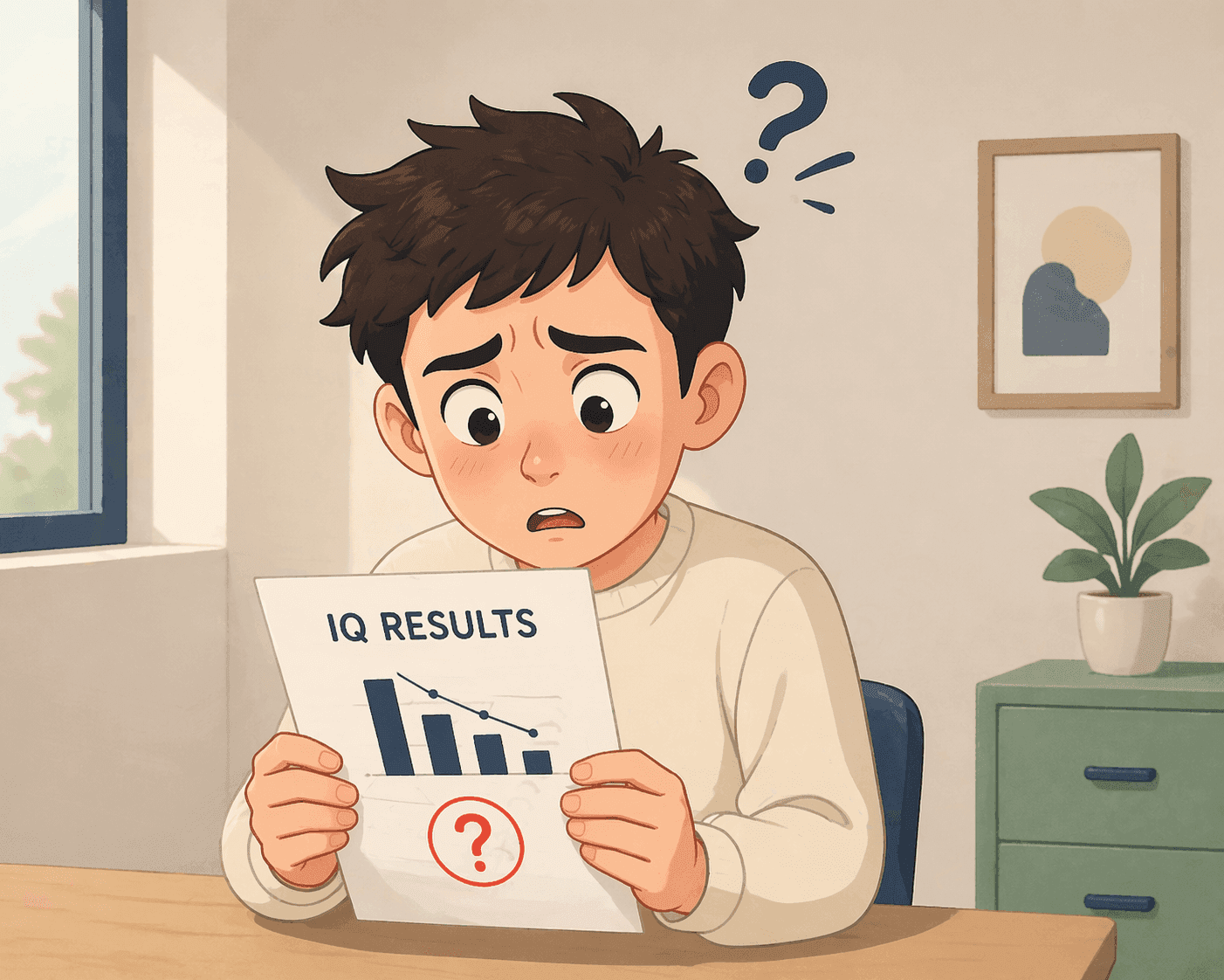 A cartoon person looking confused at test results papers