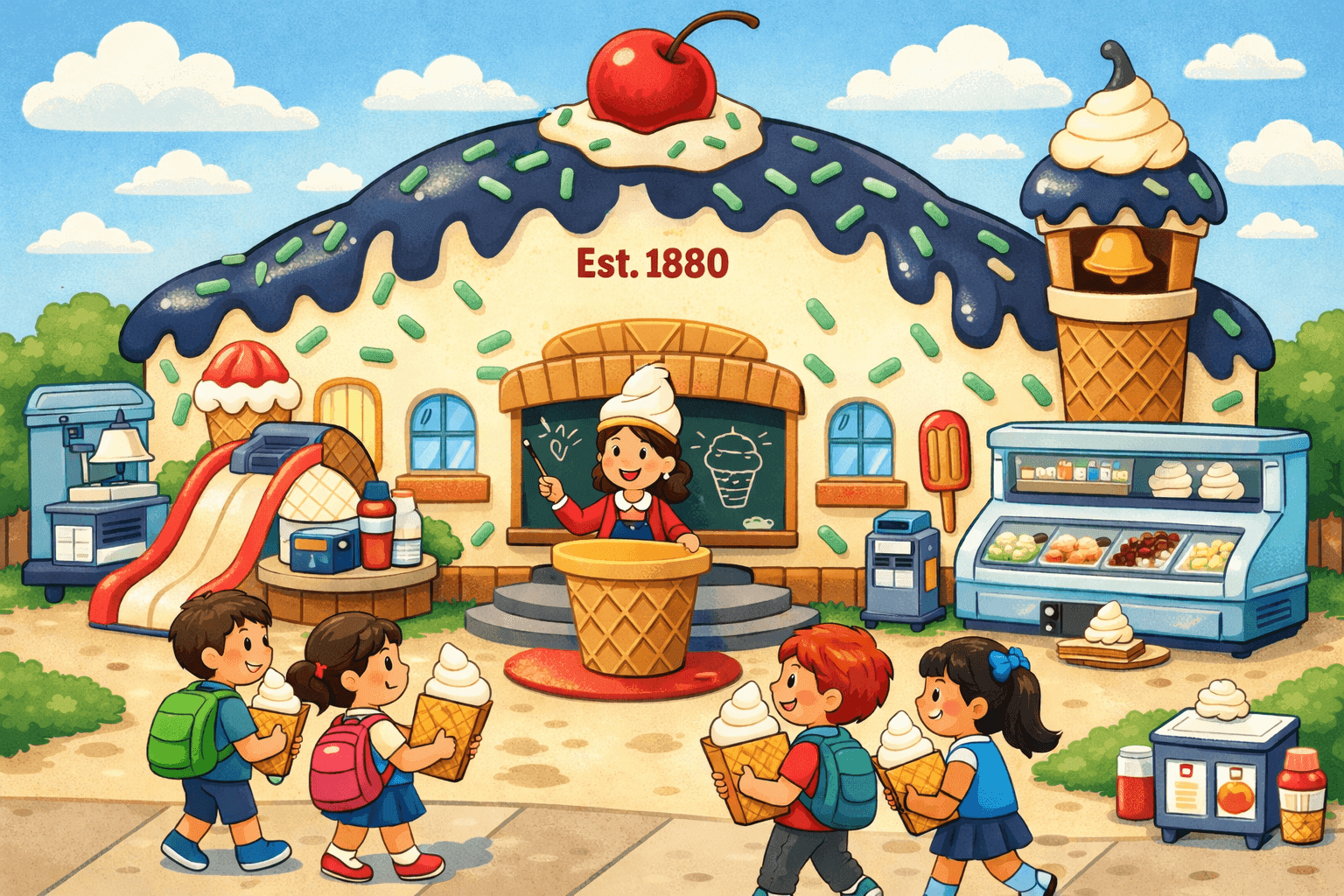A cartoon school building shaped like an ice cream sundae with students