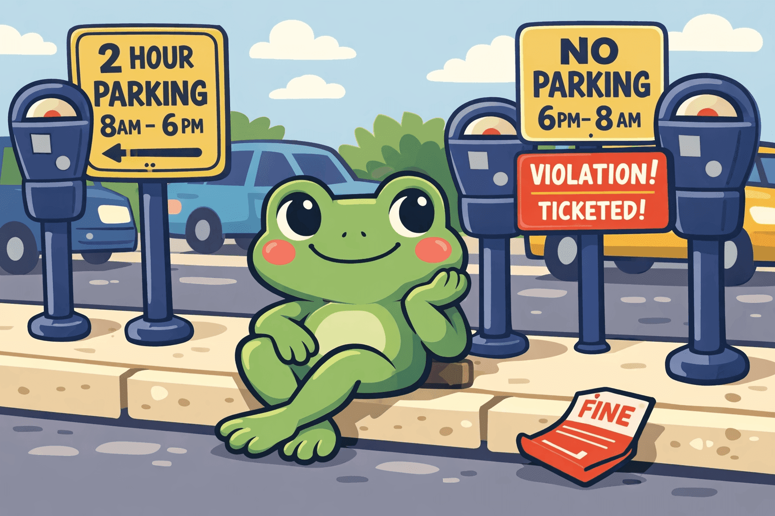 A cartoon frog sitting near parking meters and road signs