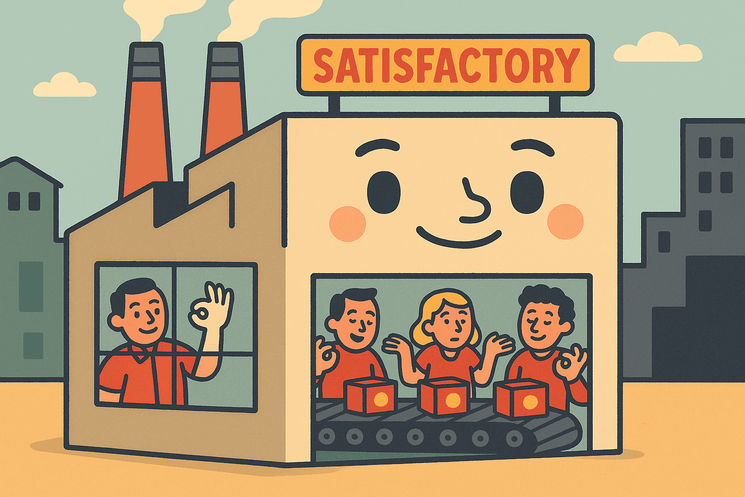 A cartoon factory building with a content but unremarkable expression, producing average-looking products on a conveyor belt while workers give thumbs up with 'okay' gestures in an industrial setting