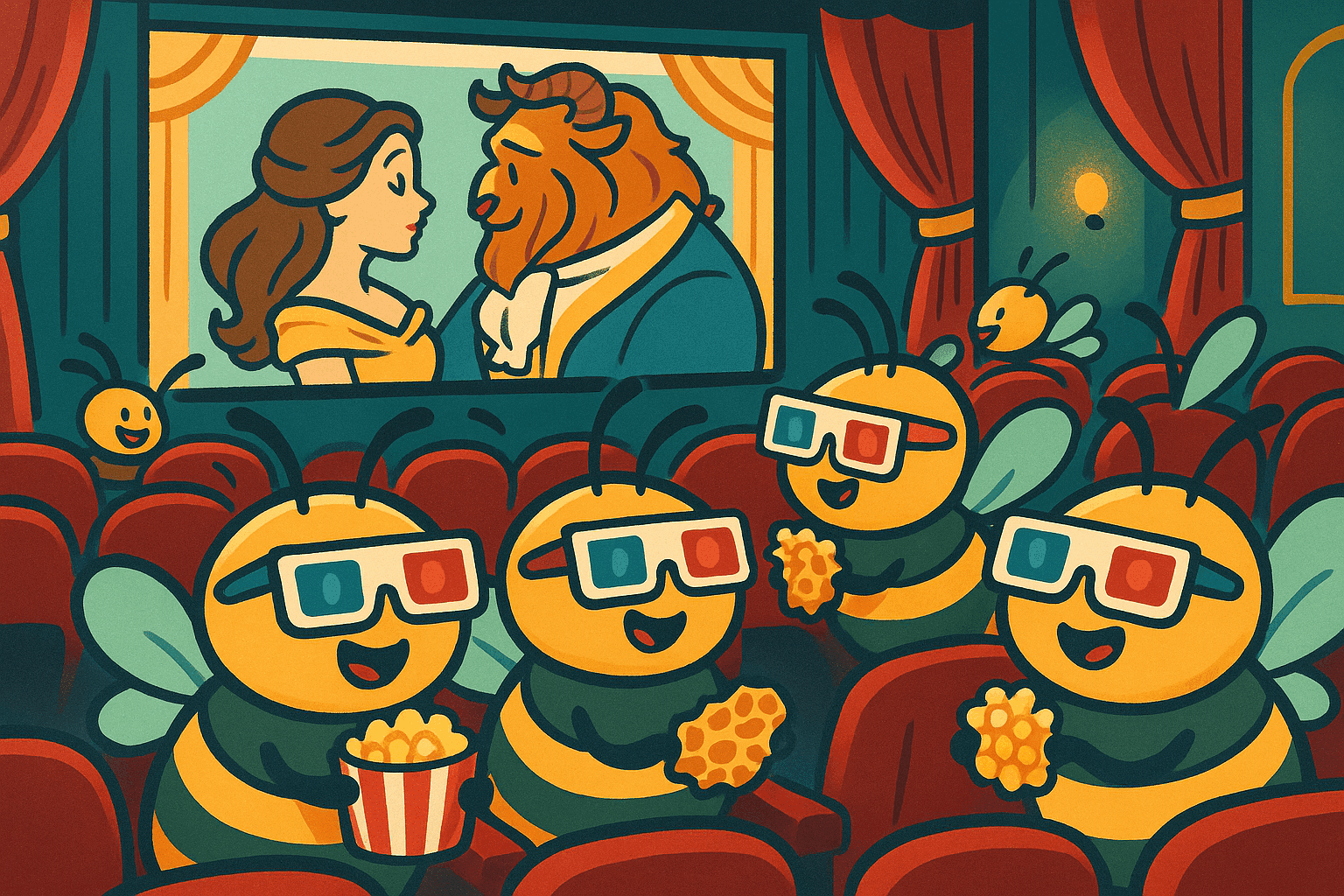 A humorous cartoon illustration of happy bees wearing 3D glasses sitting in a movie theater watching a screen showing Beauty and the Beast, with popcorn and excitement in the air