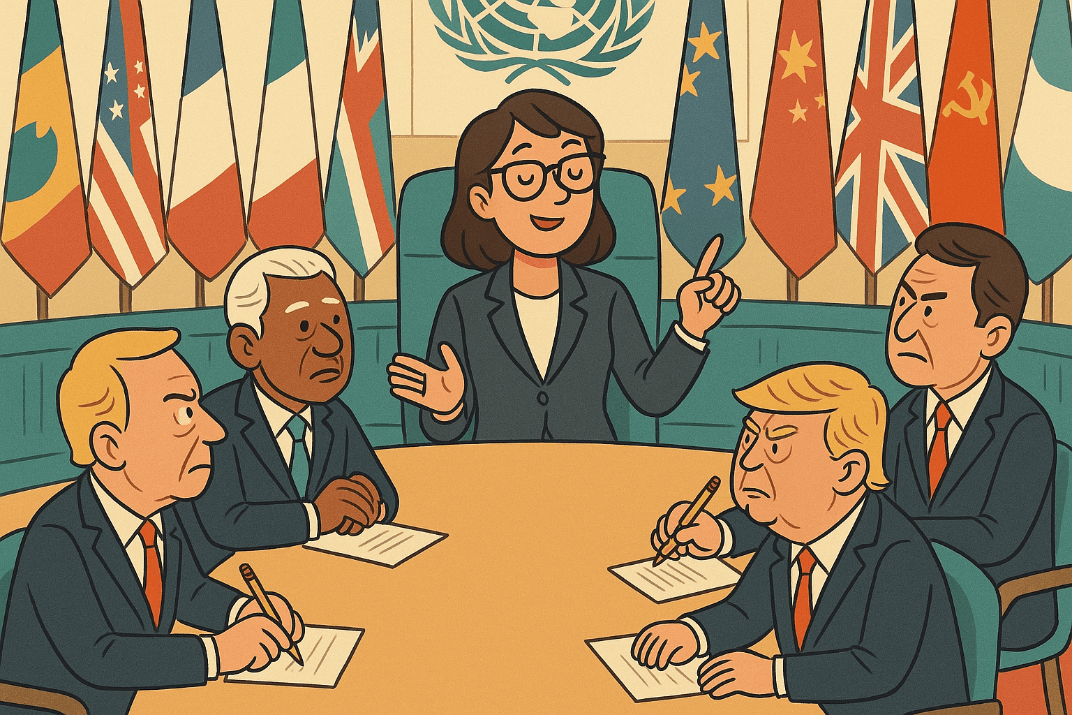 A humorous cartoon illustration of a professional woman in a business suit mediating between world leaders at a large conference table with flags from different countries, while diplomats look impressed and take notes