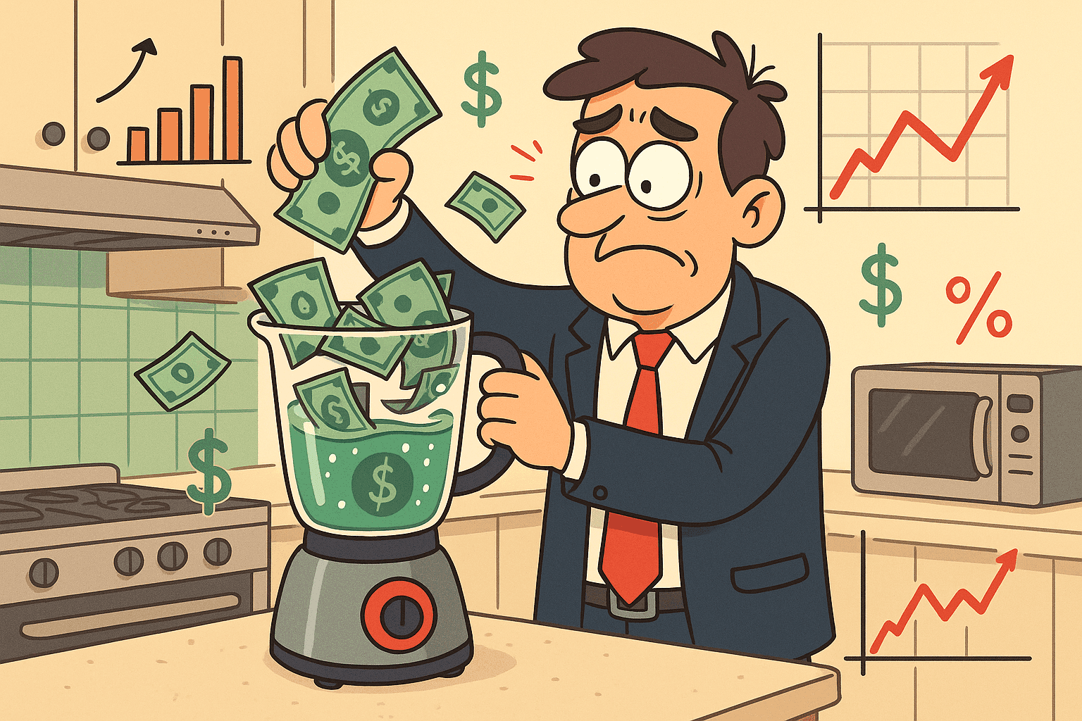 A cartoon man with a determined expression putting dollar bills into a kitchen blender while financial charts and graphs float around, creating a visual pun about liquid assets