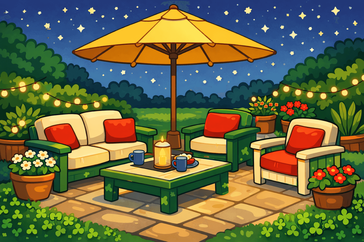 Cartoon outdoor patio furniture arranged in a yard setting