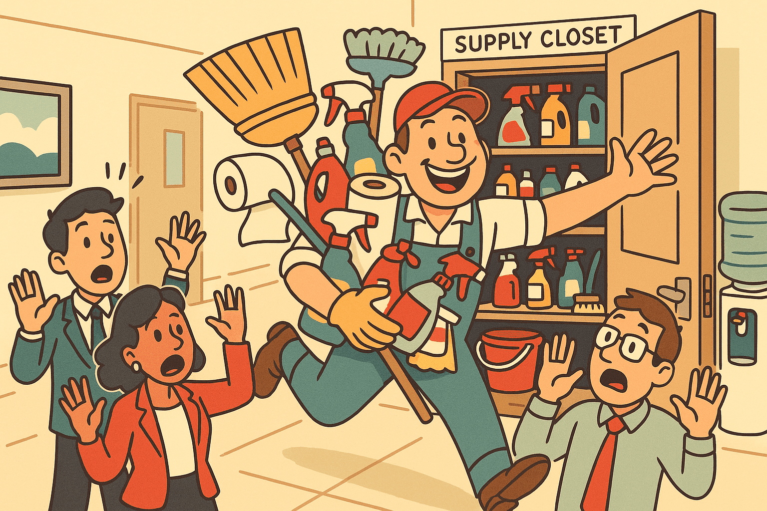 A cartoon janitor with arms full of cleaning supplies jumping out of a supply closet with a big smile, while surprised office workers jump back in shock, creating the 'supplies/surprise' visual pun