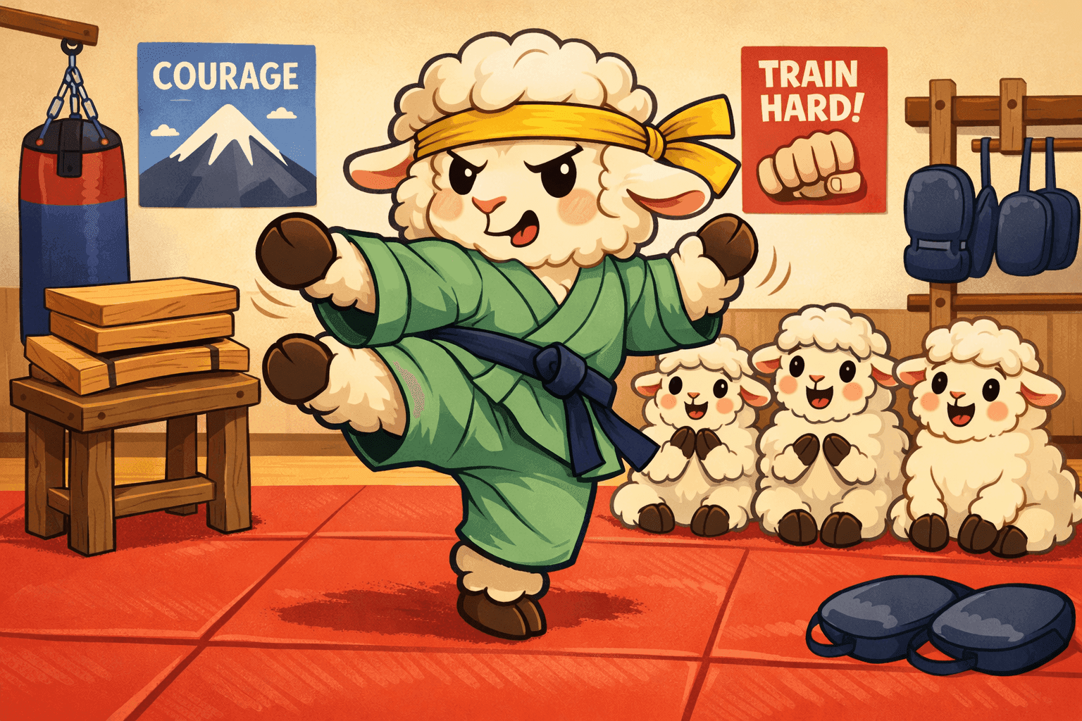A cartoon sheep in a martial arts uniform doing karate moves
