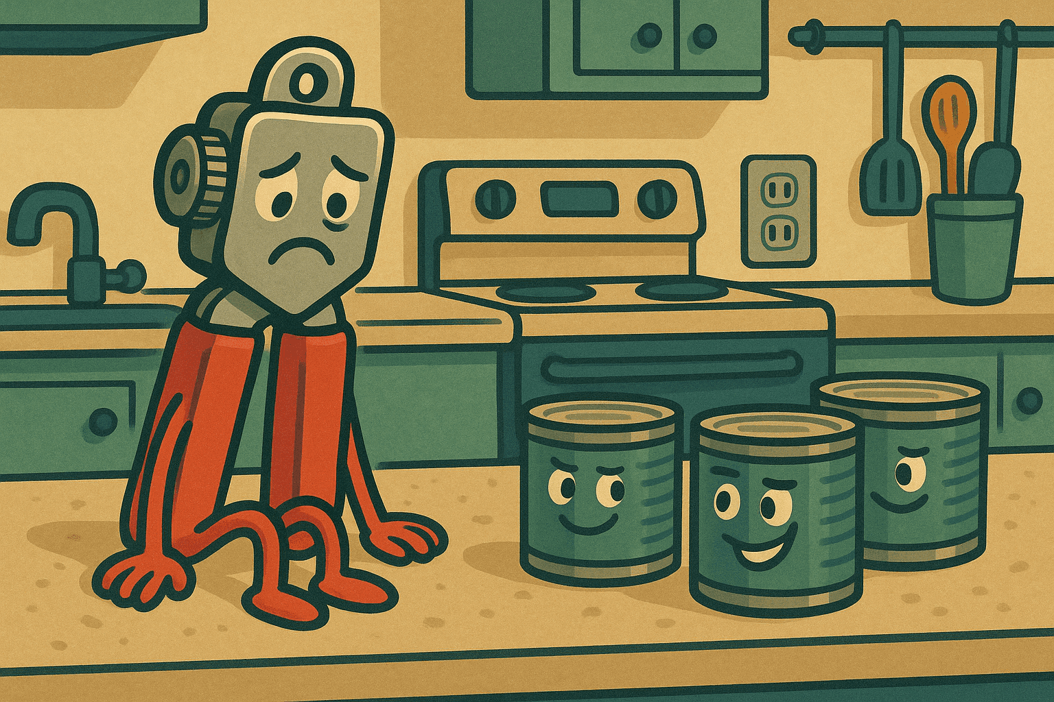 A humorous cartoon illustration of a sad can opener with arms, legs, and a dejected expression sitting next to several unopened cans in a kitchen, looking frustrated and defeated