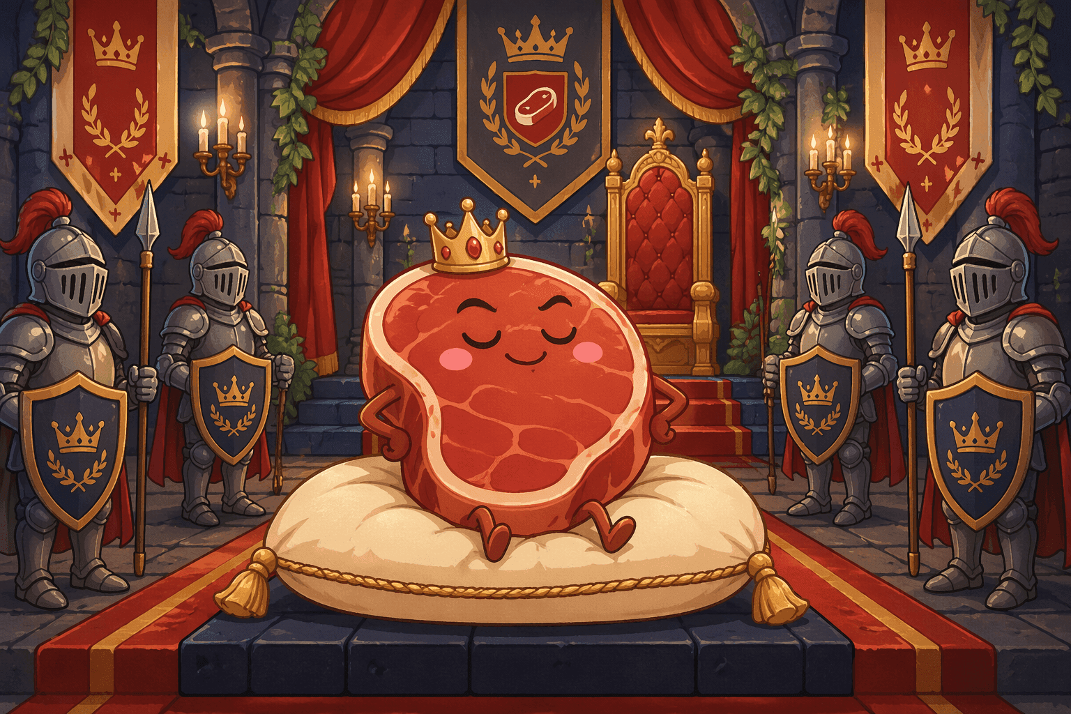 A cartoon steak wearing a crown in a royal castle setting