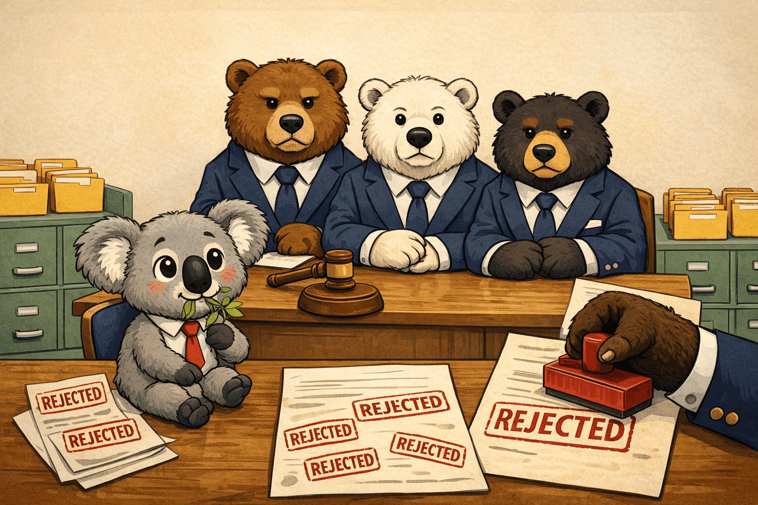 A cartoon koala at a job interview desk being rejected as a bear