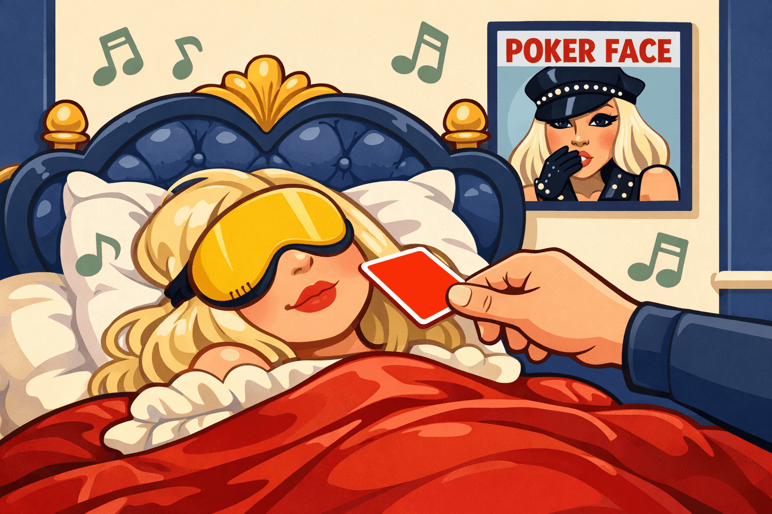 A cartoon person poking Lady Gaga awake with a playing card