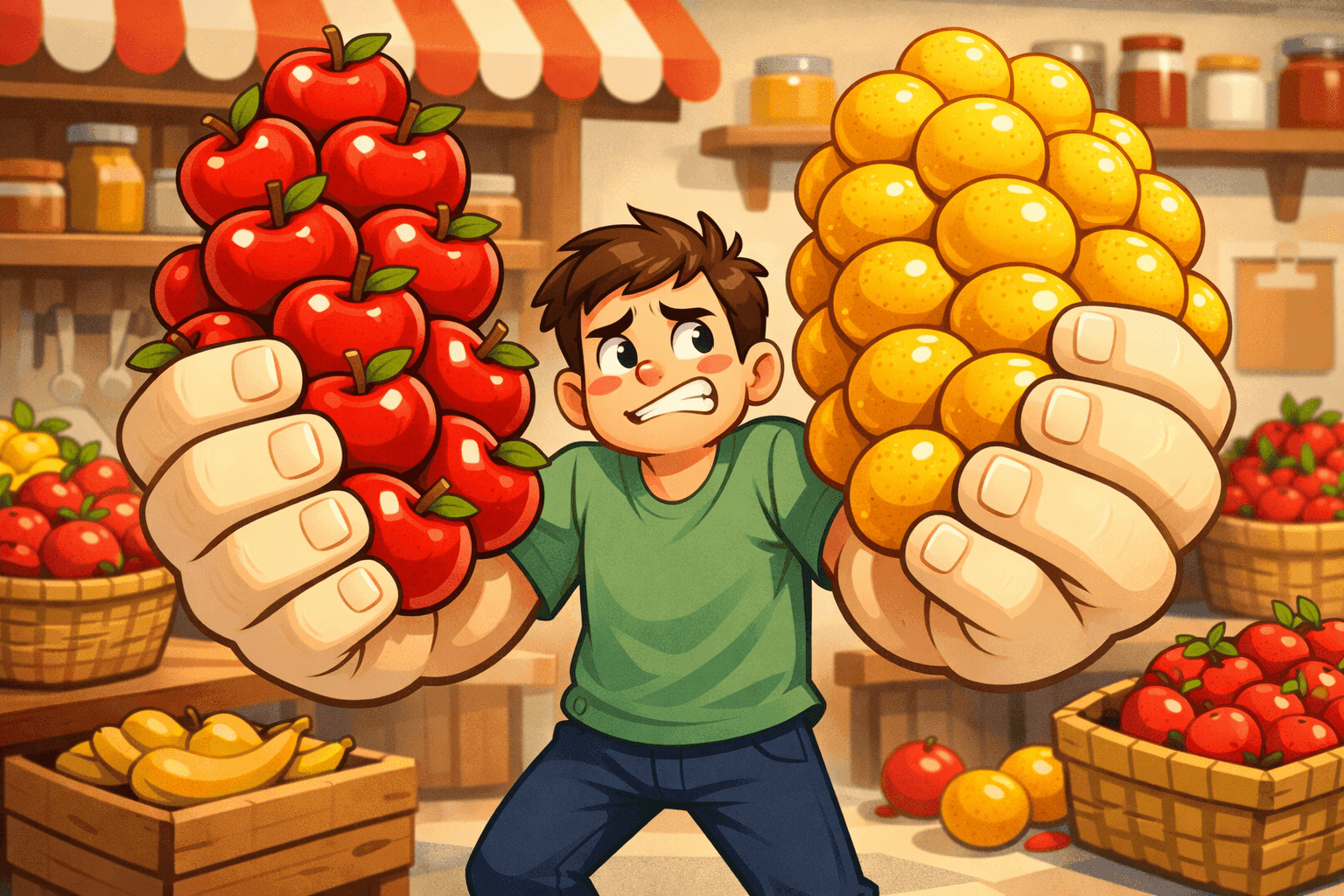 A cartoon person with enormous hands holding many apples and oranges