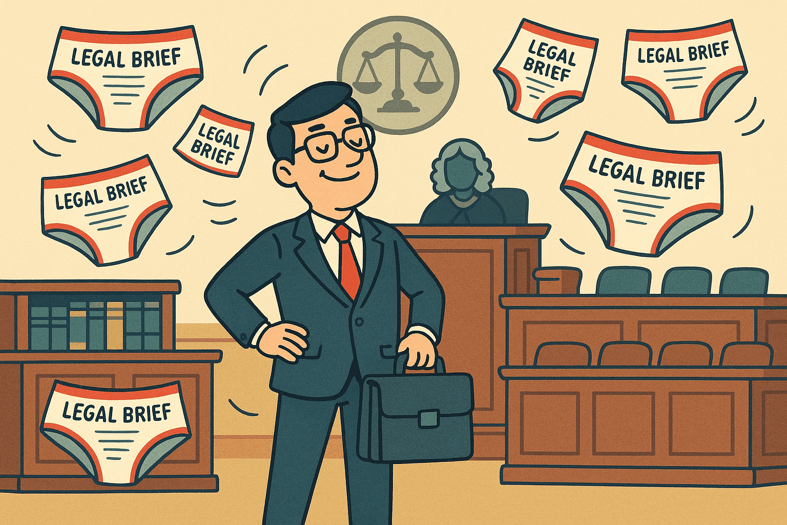 A humorous cartoon illustration of a professional lawyer in a suit standing confidently in a courtroom while legal briefs (documents) float around like underwear, creating a visual pun between legal briefs and undergarments