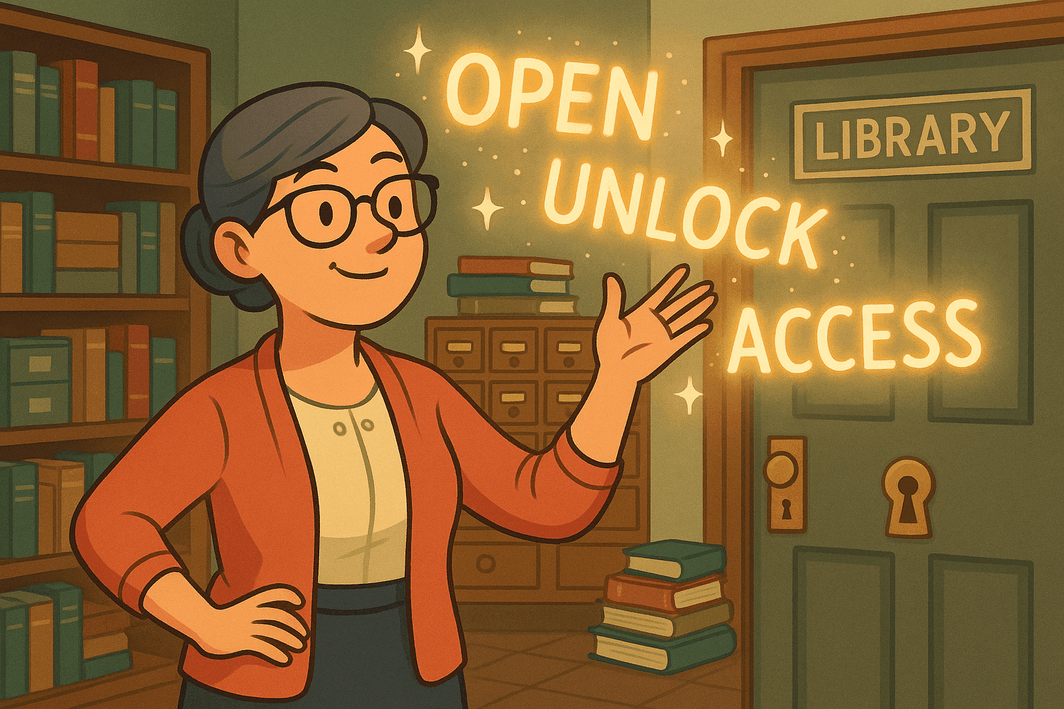 A cartoon librarian confidently approaching a locked library door while holding floating words like 'open,' 'unlock,' and 'access' that glow like magical keys, with books and card catalogs in the background