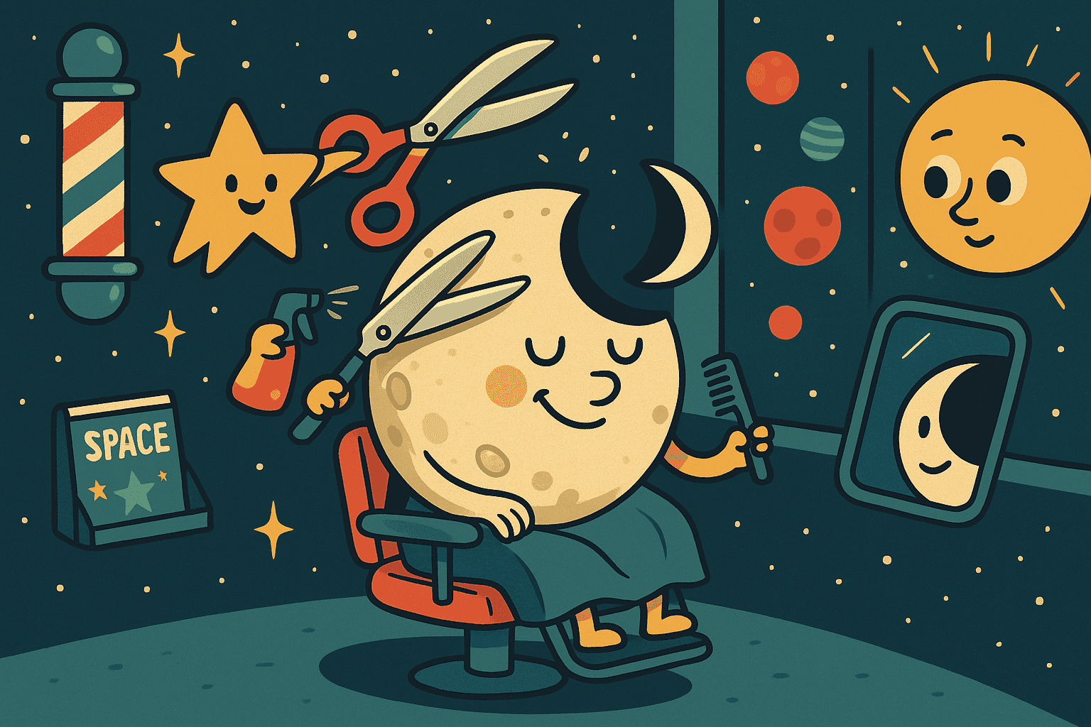 A cartoon moon with scissors cutting its own crescent shape in space