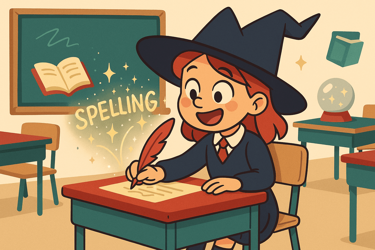 A humorous cartoon illustration of a young witch student with a pointed hat sitting at a school desk, enthusiastically writing magical words that glow and sparkle as they appear on her paper in a classroom setting