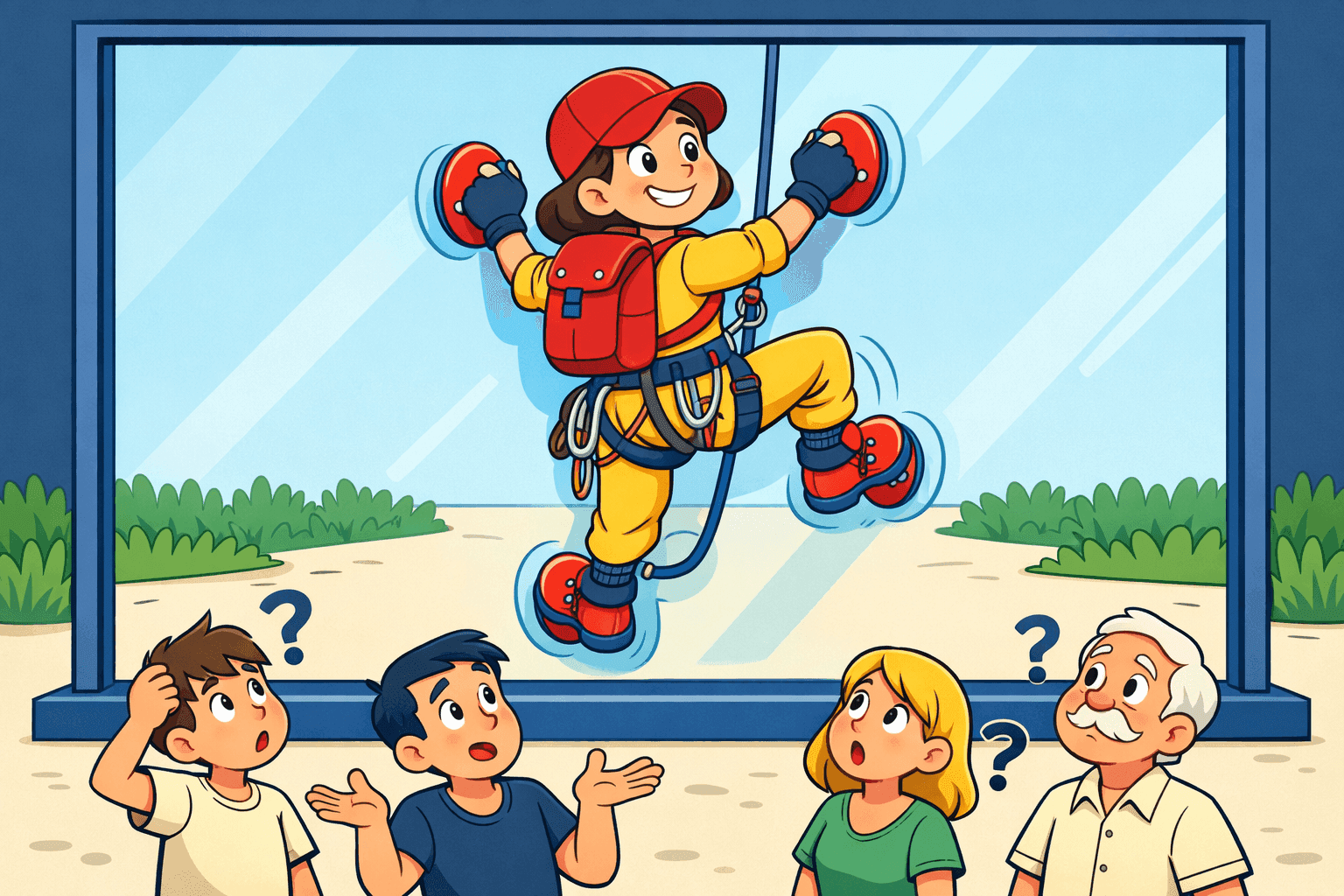 A cartoon person climbing a transparent glass wall to see the other side