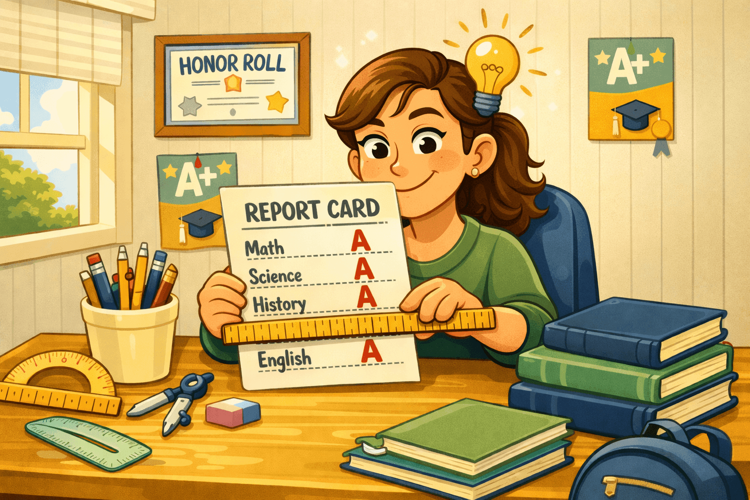 A cartoon person using a ruler on a report card full of A grades