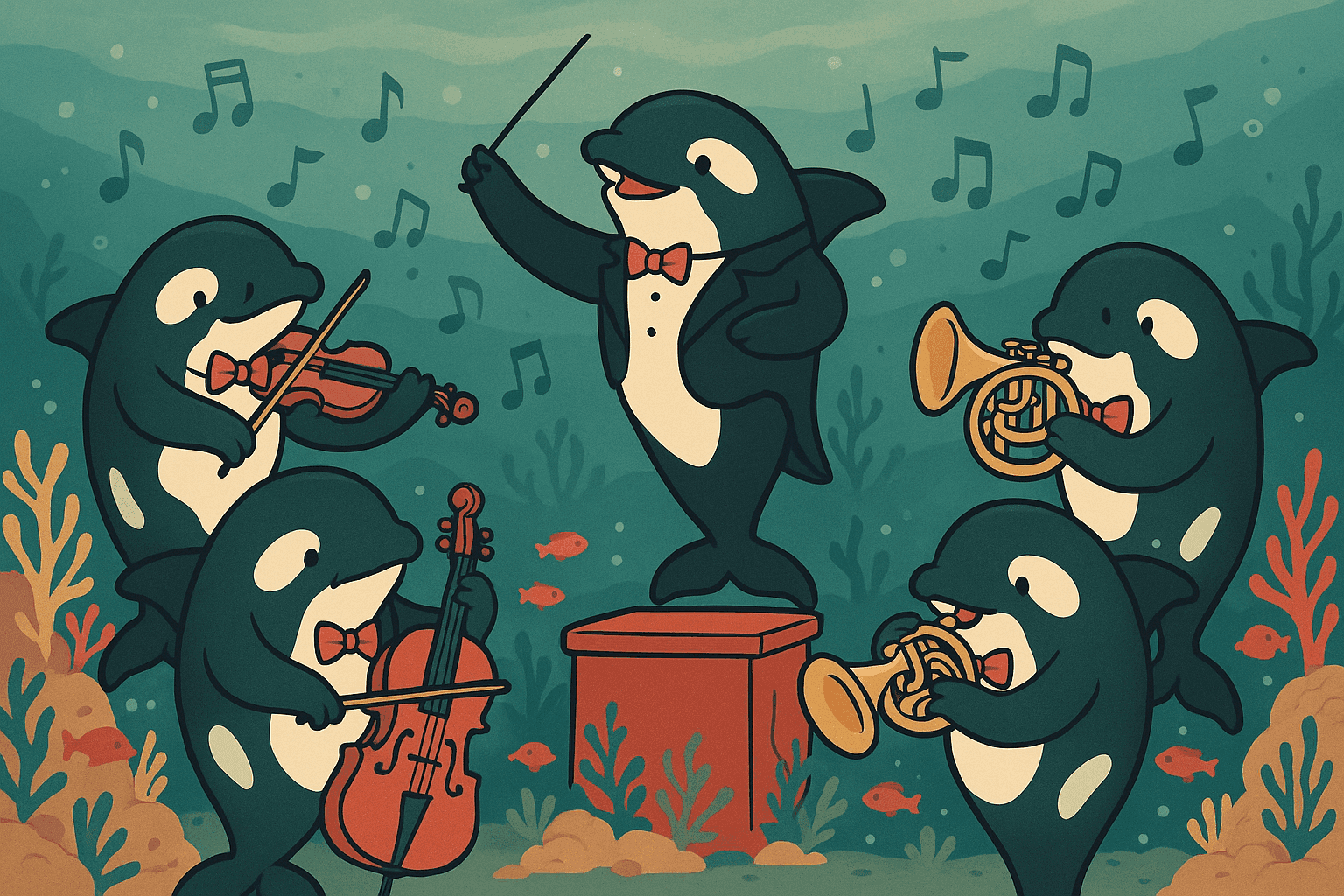 A humorous cartoon illustration of orca whales underwater wearing bow ties and playing various orchestral instruments like violins, cellos, and trumpets, with a conductor orca leading them