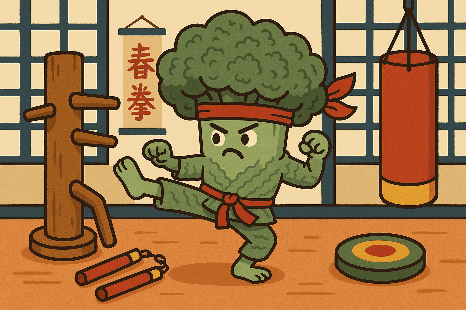 A humorous cartoon illustration of a broccoli character with arms, legs, and a martial arts headband performing kung fu moves in a fighting stance, surrounded by wooden training dummies and martial arts equipment in a dojo