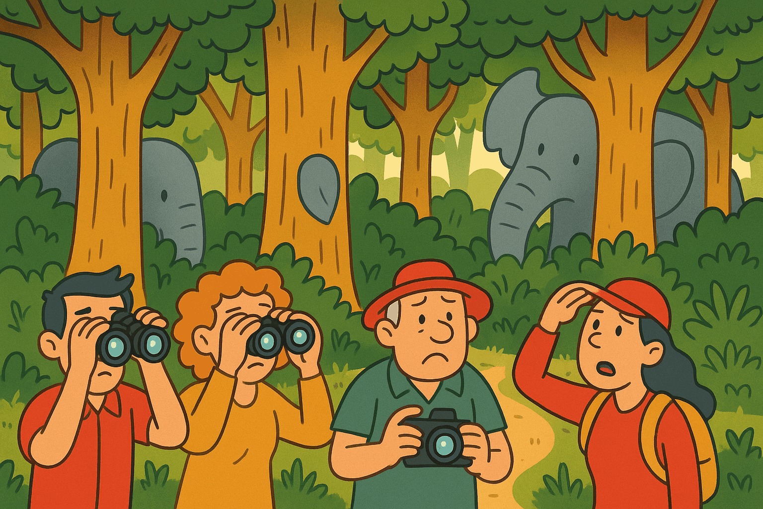 A humorous cartoon illustration of a forest scene with large trees, where you can barely spot the edges of gray elephant trunks and ears cleverly hidden behind tree trunks, while confused people look around trying to find them