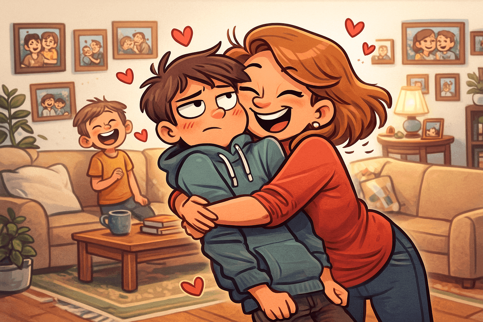 A cheerful cartoon of a mother giving a warm hug to her adult child in a cozy living room