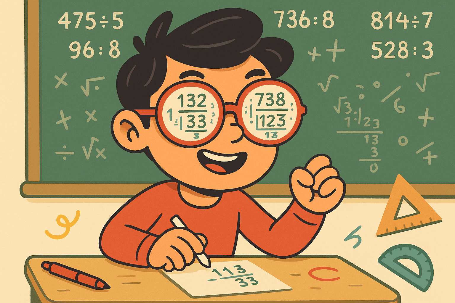 A cartoon student wearing glasses while working on math problems on a chalkboard