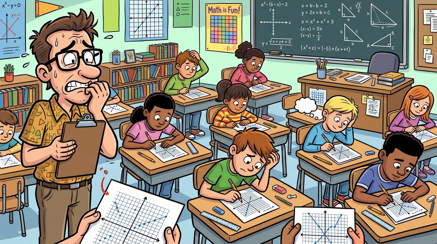 Cartoon of a suspicious math teacher peering through a magnifying glass at a classroom of students wearing innocent smiles