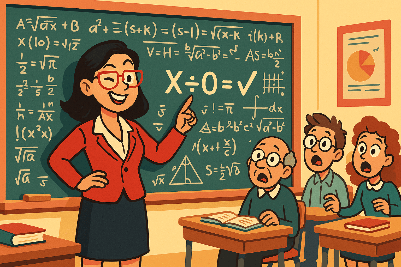 A humorous cartoon illustration of a confident woman in professional attire standing at a chalkboard covered with complex mathematical equations, with the equation 'divided by zero = correct answer' prominently displayed, while amazed mathematicians look on in shock