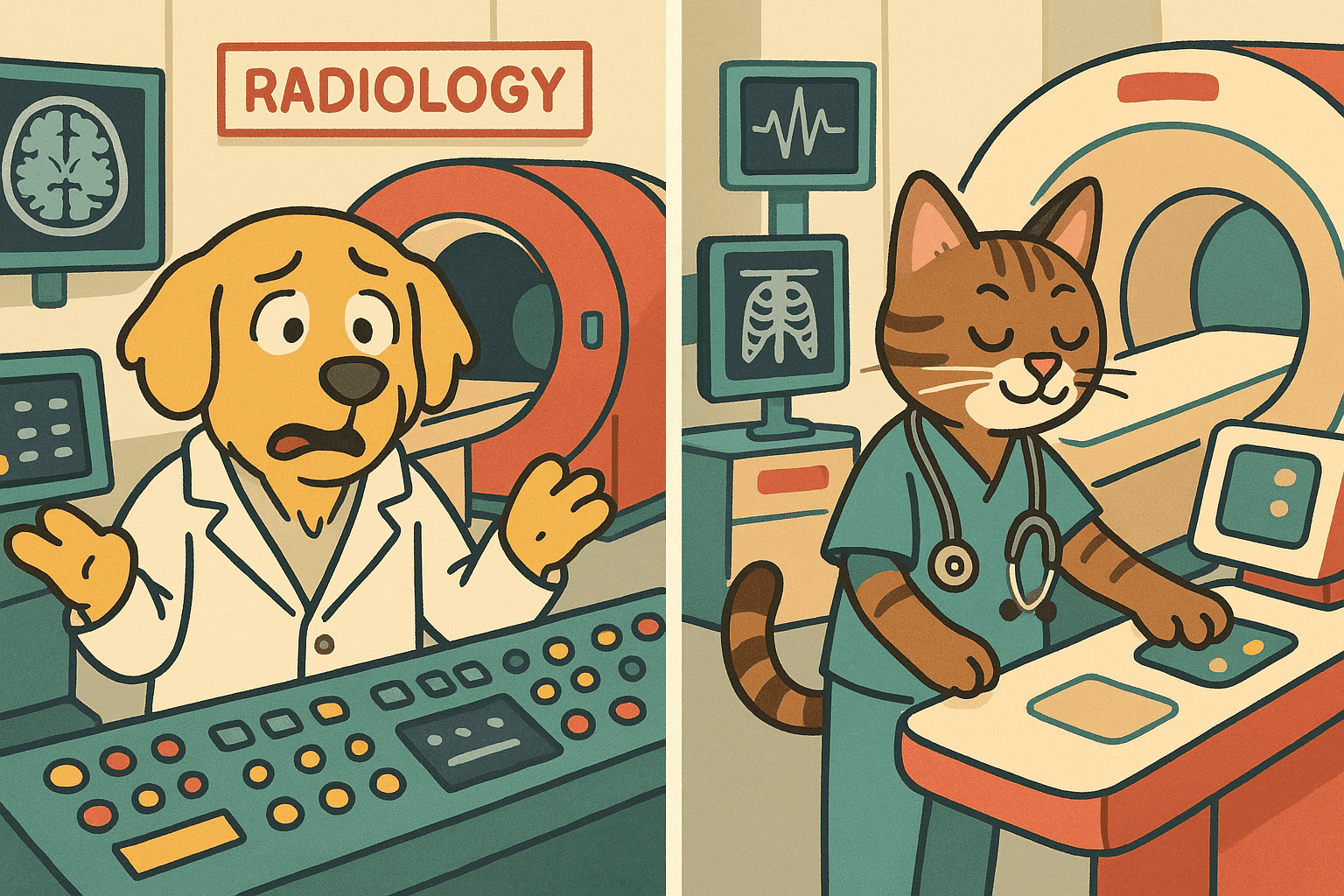 A humorous cartoon illustration showing a confused dog looking helplessly at MRI machine controls while a confident cat in medical scrubs operates a CT scanner with ease in a hospital setting