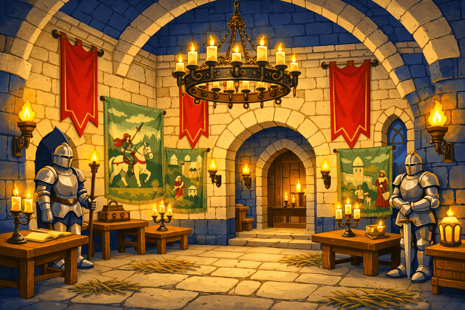 A medieval castle interior with torches and candles lighting the space