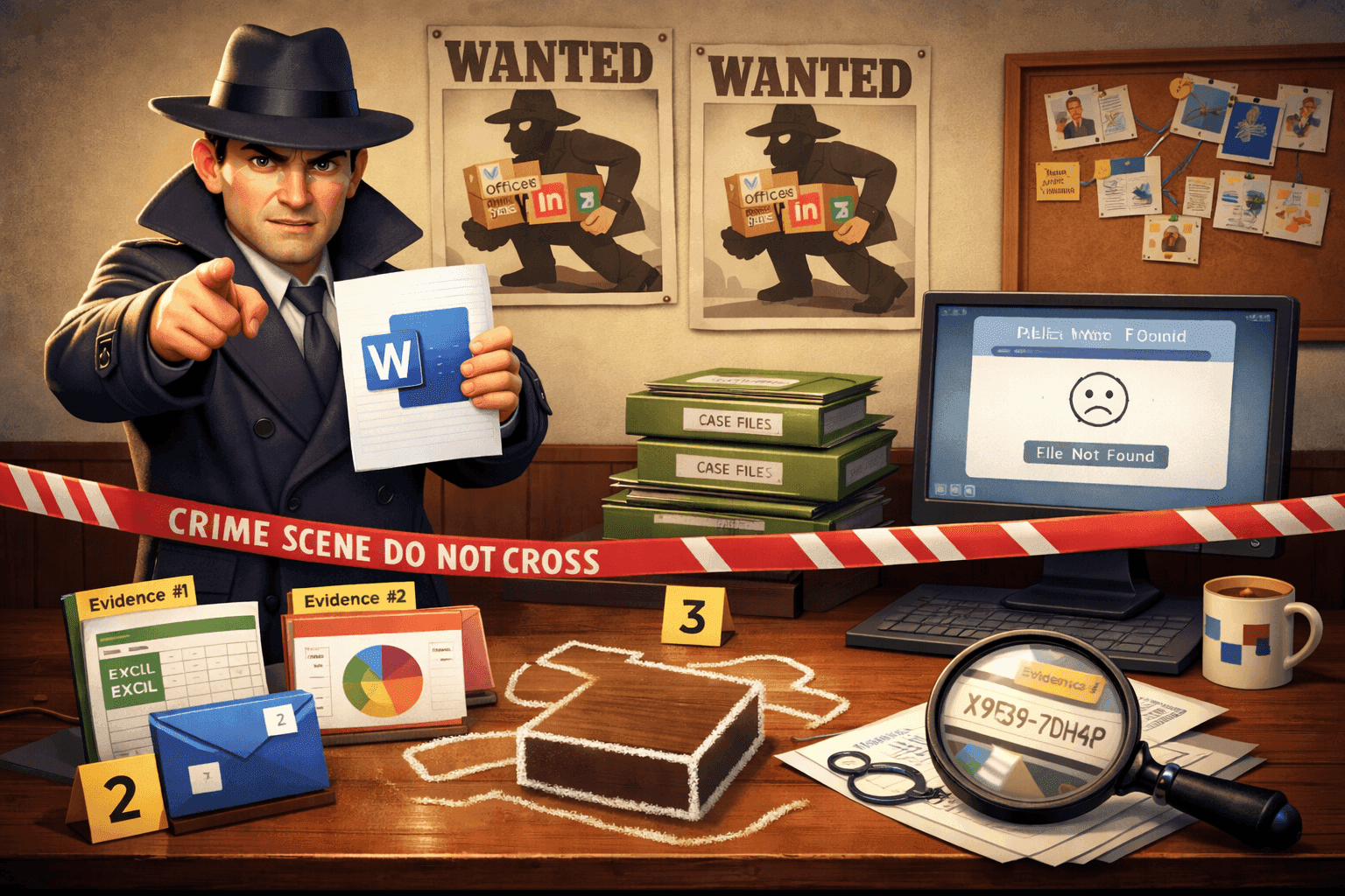 A cartoon detective hunting for a thief who stole Microsoft Office software
