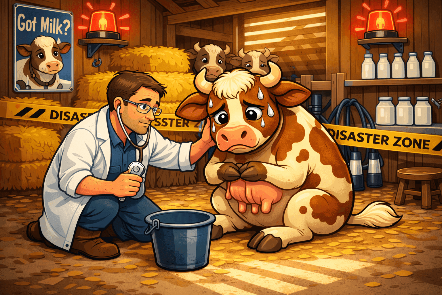 A cartoon cow looking worried standing next to an empty milk bucket