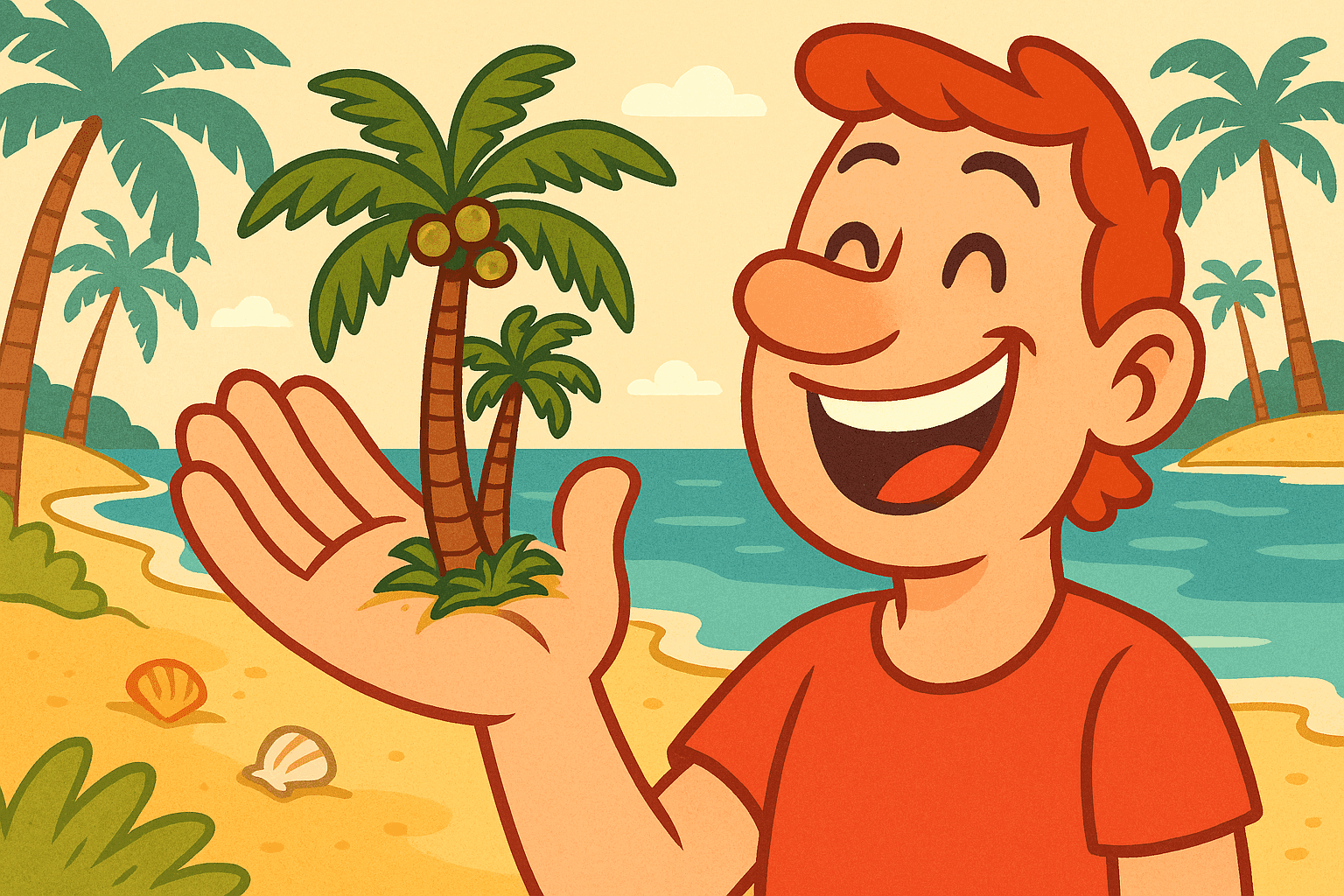 A cartoon person holding their open palm with a tiny palm tree growing from it, while regular-sized palm trees sway in the tropical background, creating a visual pun about palm trees fitting in hands