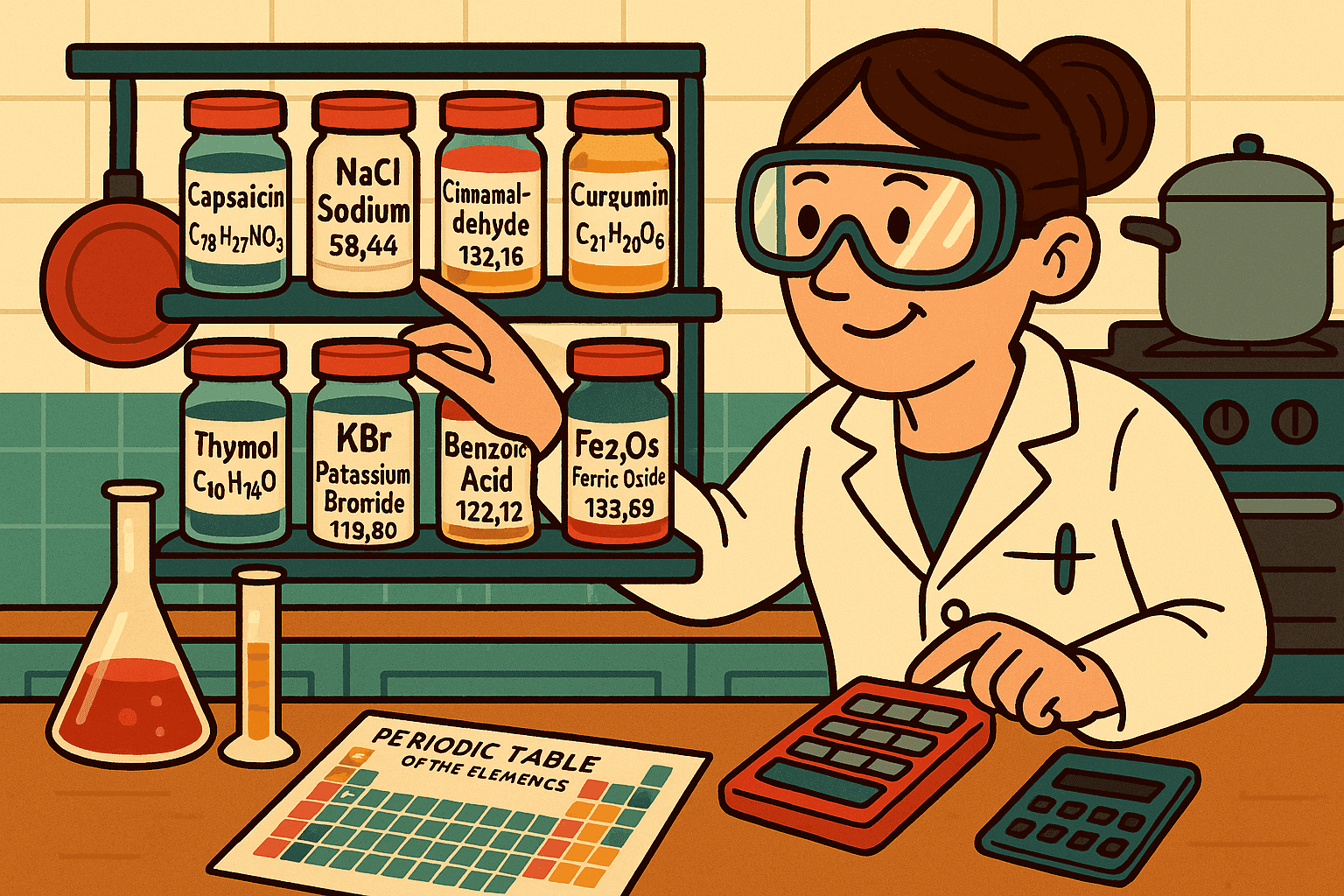 A humorous cartoon illustration of a woman in a lab coat organizing spice jars with molecular formulas and chemical symbols labeled on them, using scientific equipment and charts in a kitchen