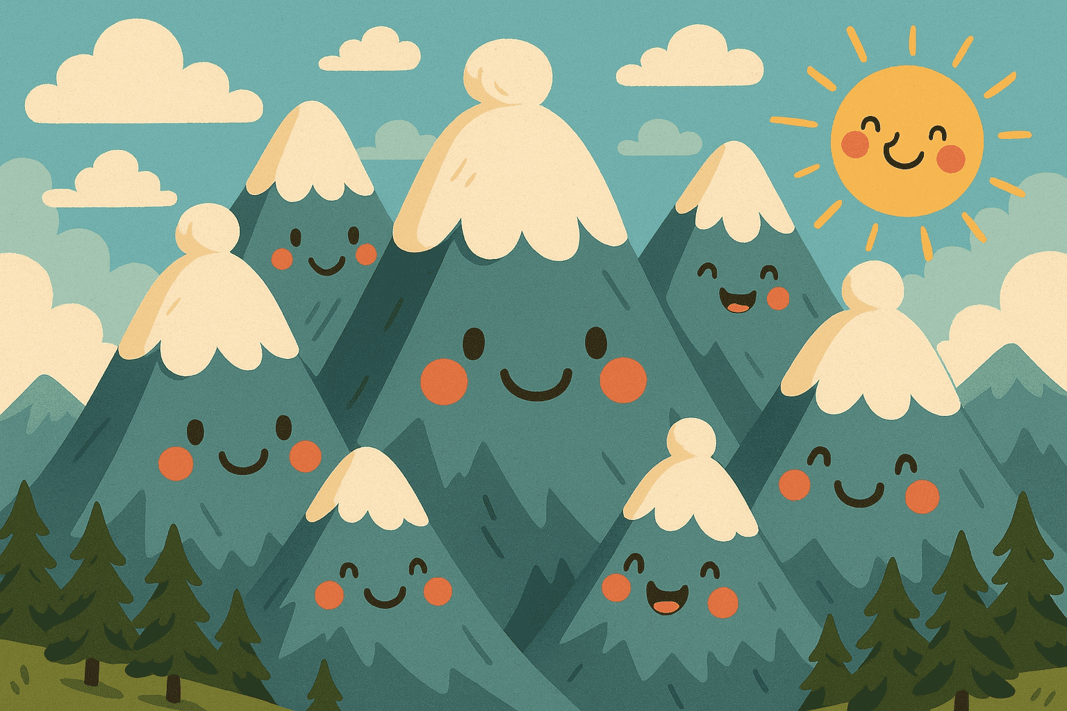 A humorous cartoon illustration of smiling mountain peaks with friendly faces wearing white snow caps like winter hats, set against a blue sky with clouds and pine trees at their base