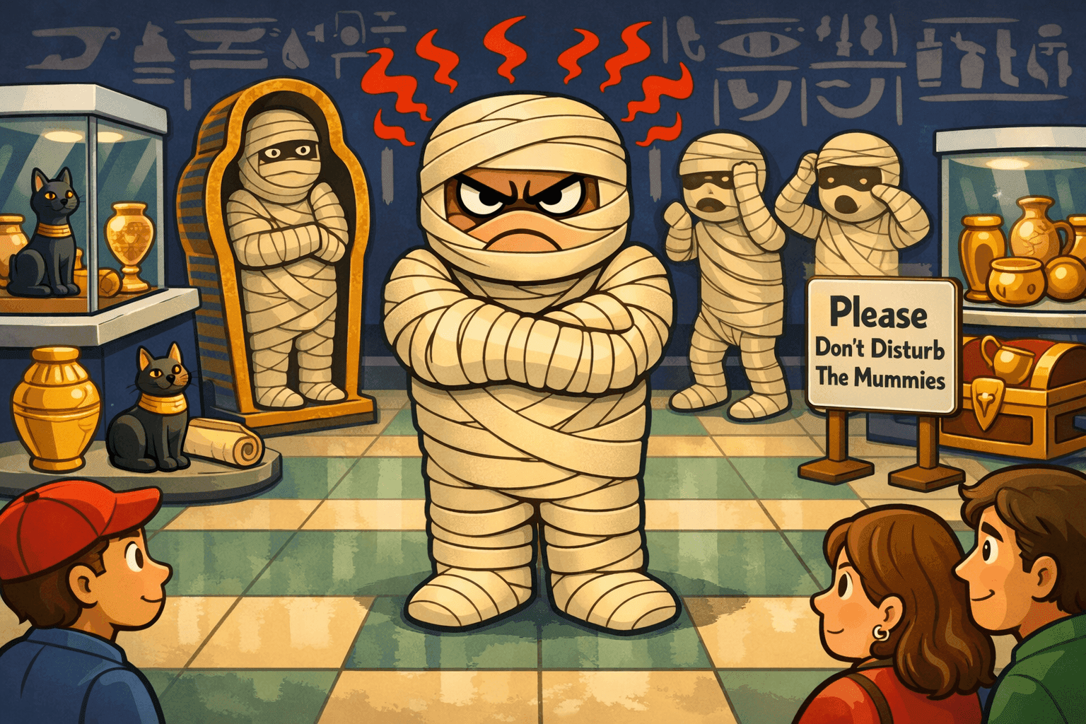 A cartoon mummy looking frustrated and angry wrapped tightly in bandages