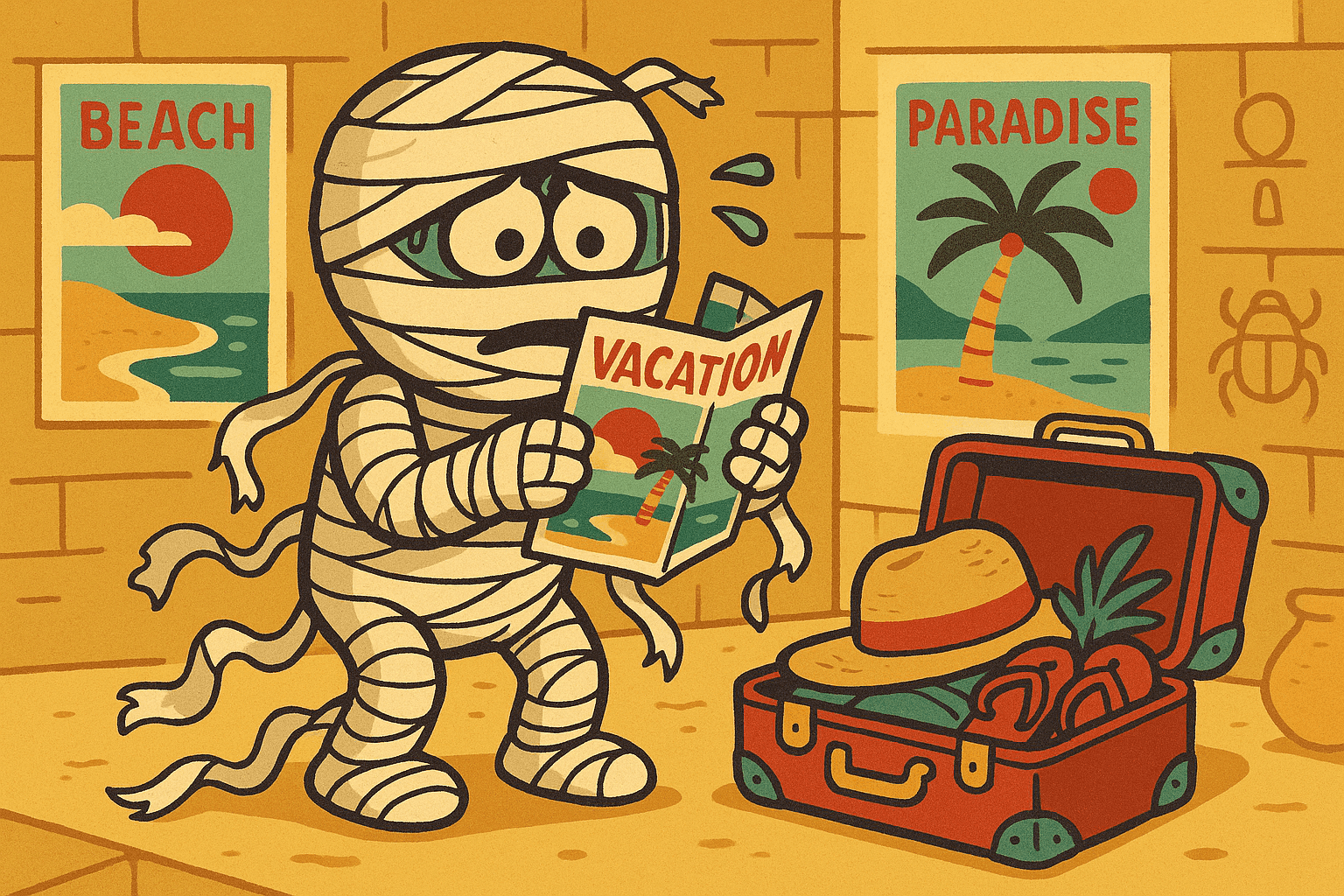A humorous cartoon illustration of a worried mummy looking at vacation brochures while its bandages start to unravel, with a suitcase nearby and tropical paradise images in the background