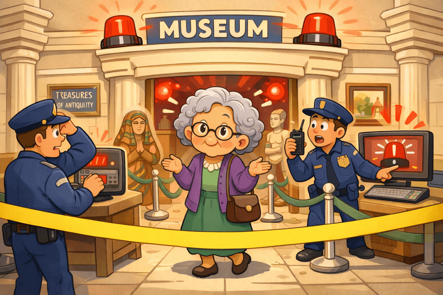 A cartoon elderly woman walking out of a museum with alarms flashing