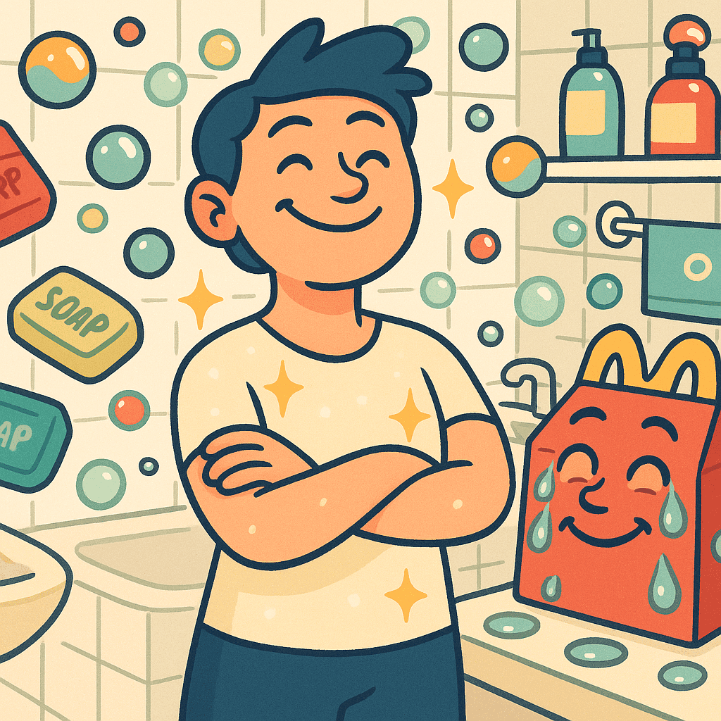 Cartoon illustration of a cheerful person standing confidently next to a pile of colorful soap bars and bubbles floating around, with a sparkling clean bathroom background