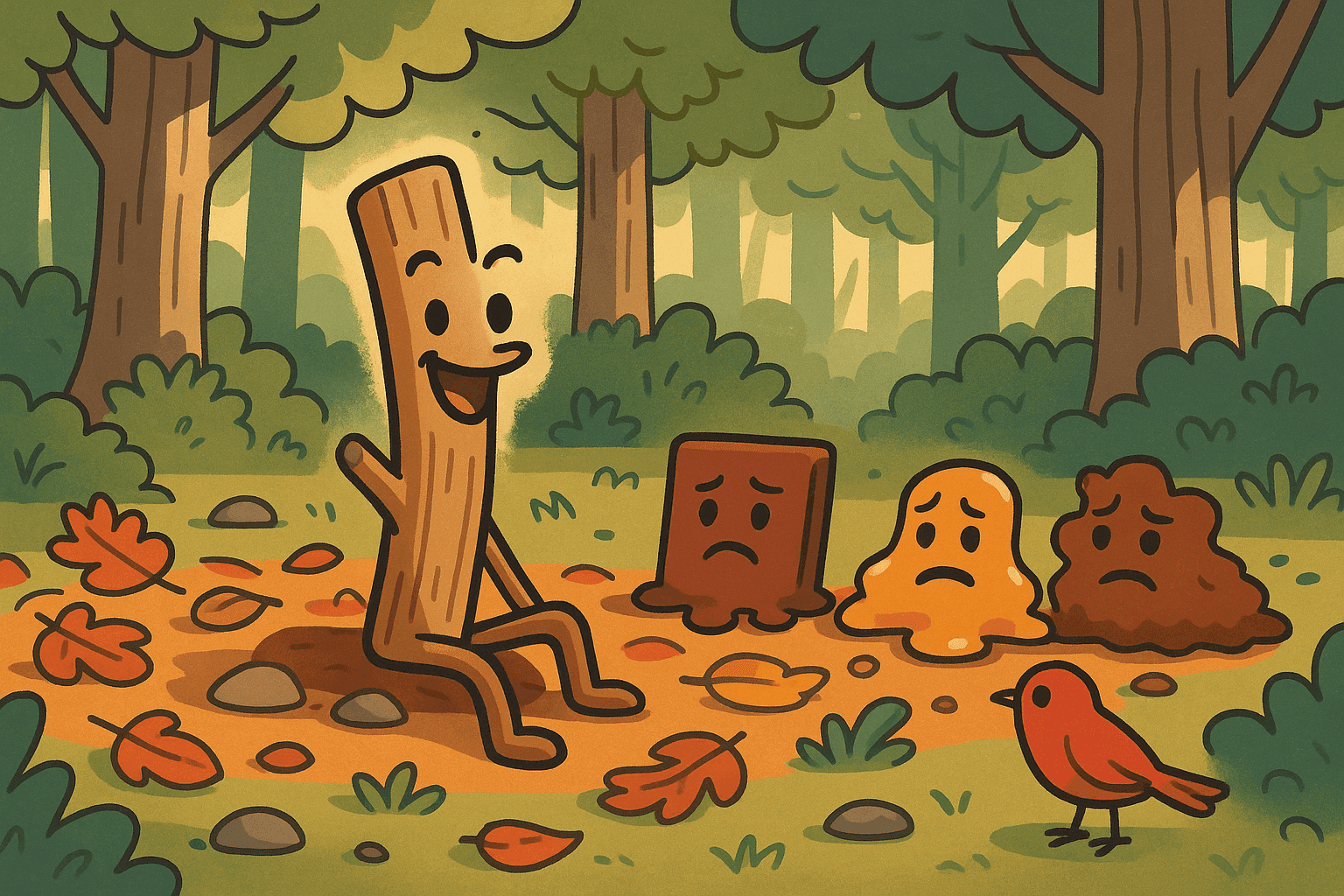 A cartoon wooden stick with a friendly face sitting proudly in a forest setting, with other complex brown and sticky objects in the background looking confused about the simple answer to the riddle
