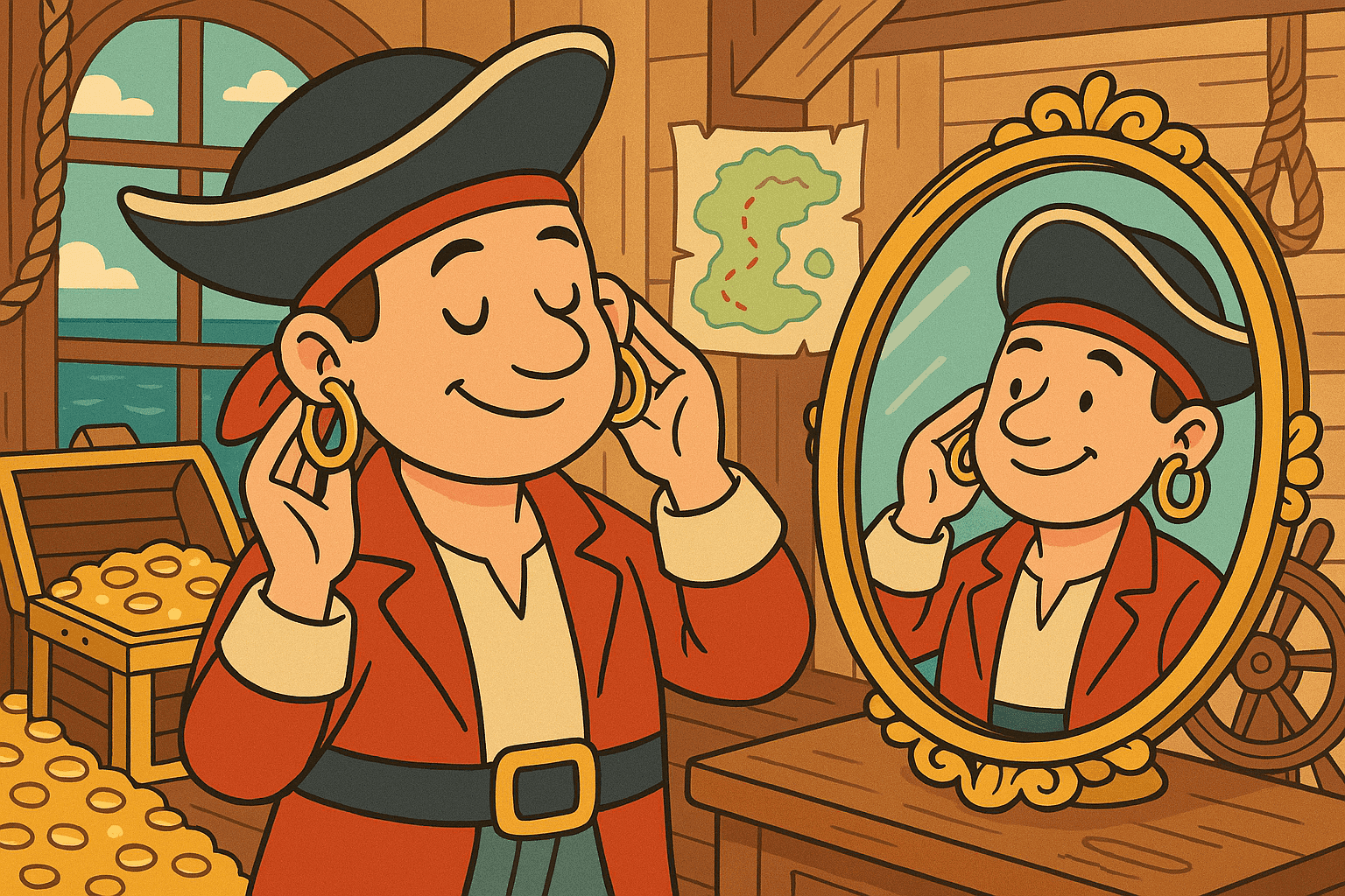 A humorous cartoon illustration of a proud pirate with an eye patch and tricorn hat admiring his new gold hoop earrings in a mirror on his ship, with treasure chests and nautical elements around