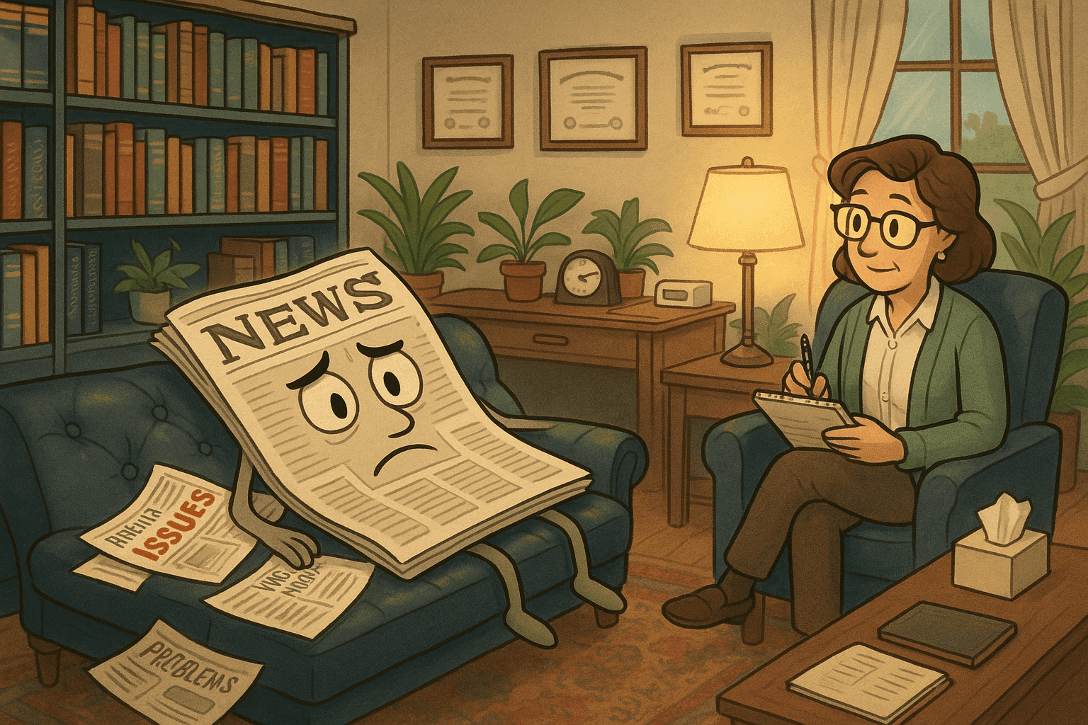 Cartoon illustration of a personified newspaper lying on a therapy couch with worried expression, therapist in chair taking notes, cozy therapy office with bookshelf, diplomas, plants, and tissues in cream, dark blue-gray, sage green, yellow, and bright red colors