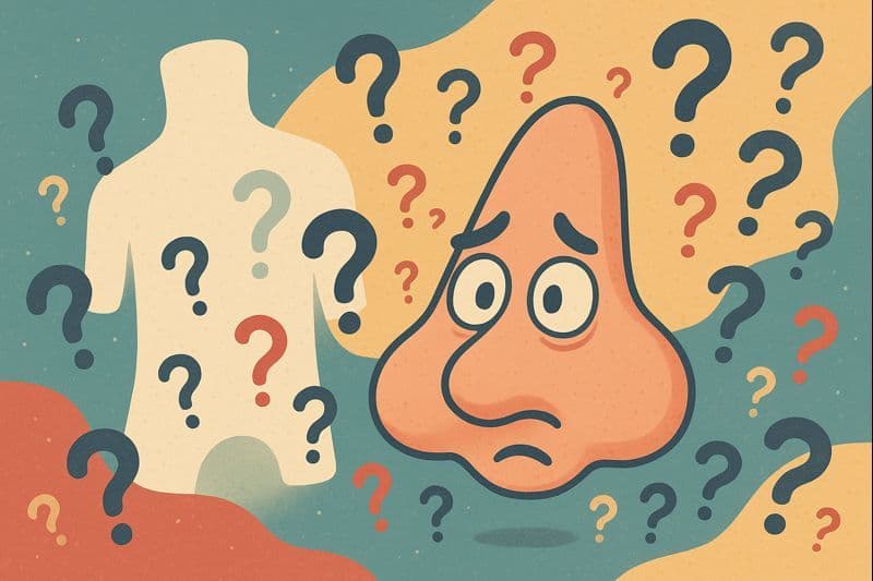 A cartoon nose floating alone in space looking confused with question marks around it