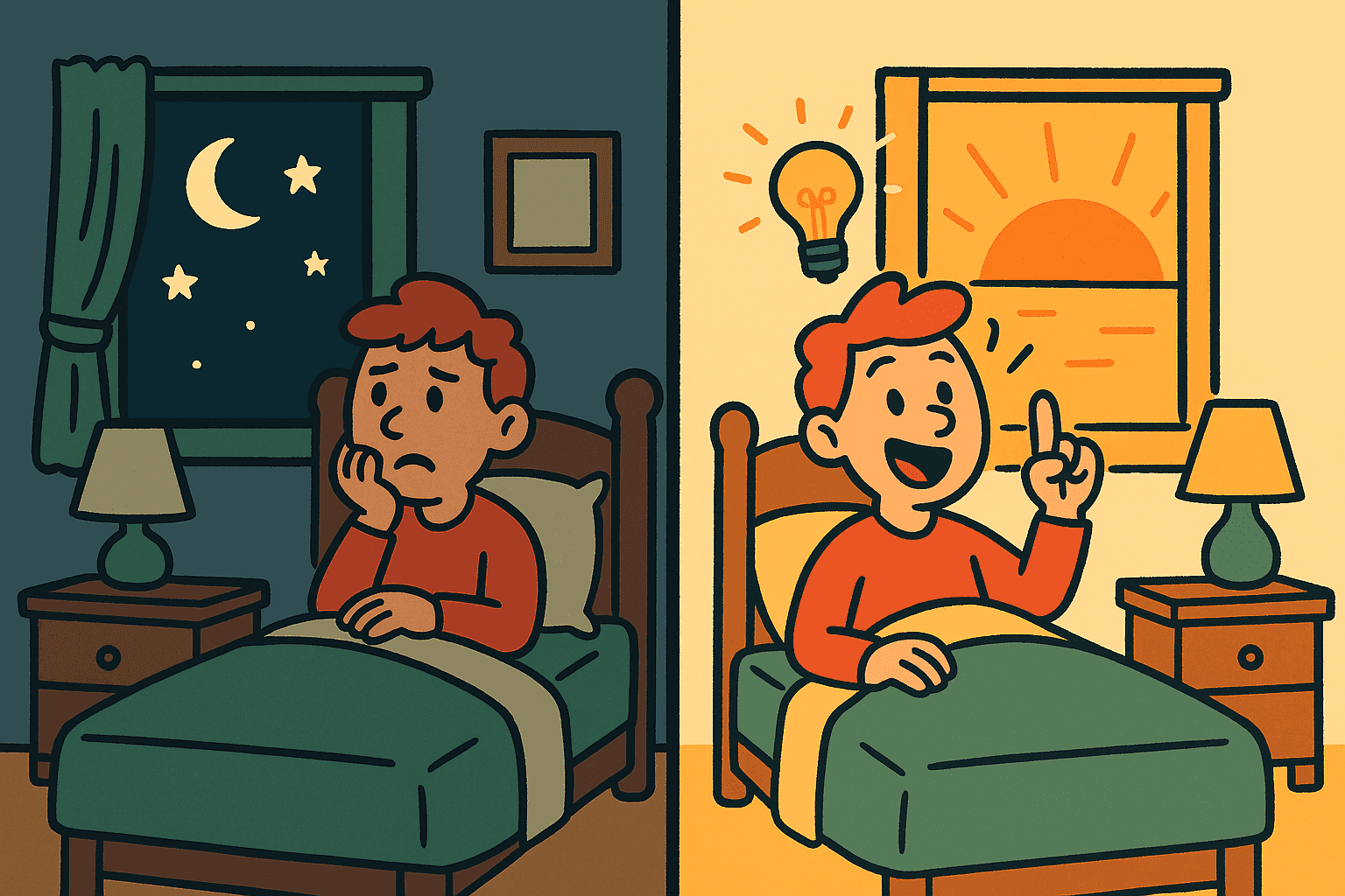 A humorous cartoon illustration of a person sitting up in bed at night looking confused, then having an aha moment as the sun rises through their window in the morning