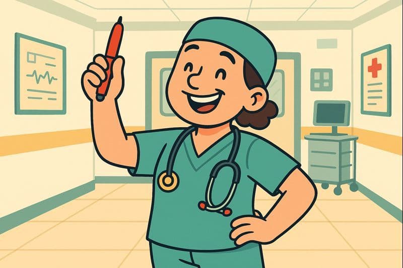 A cartoon nurse holding a red pen with a friendly smile in a hospital setting