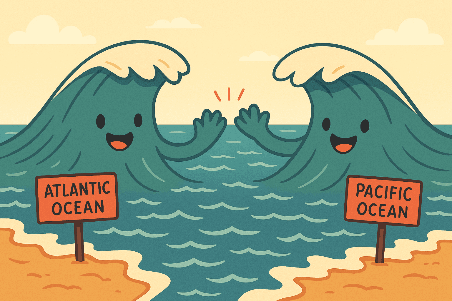 Two cartoon oceans with friendly faces creating large waves toward each other in a greeting gesture, with one ocean labeled Atlantic and the other Pacific, set against a beautiful seascape
